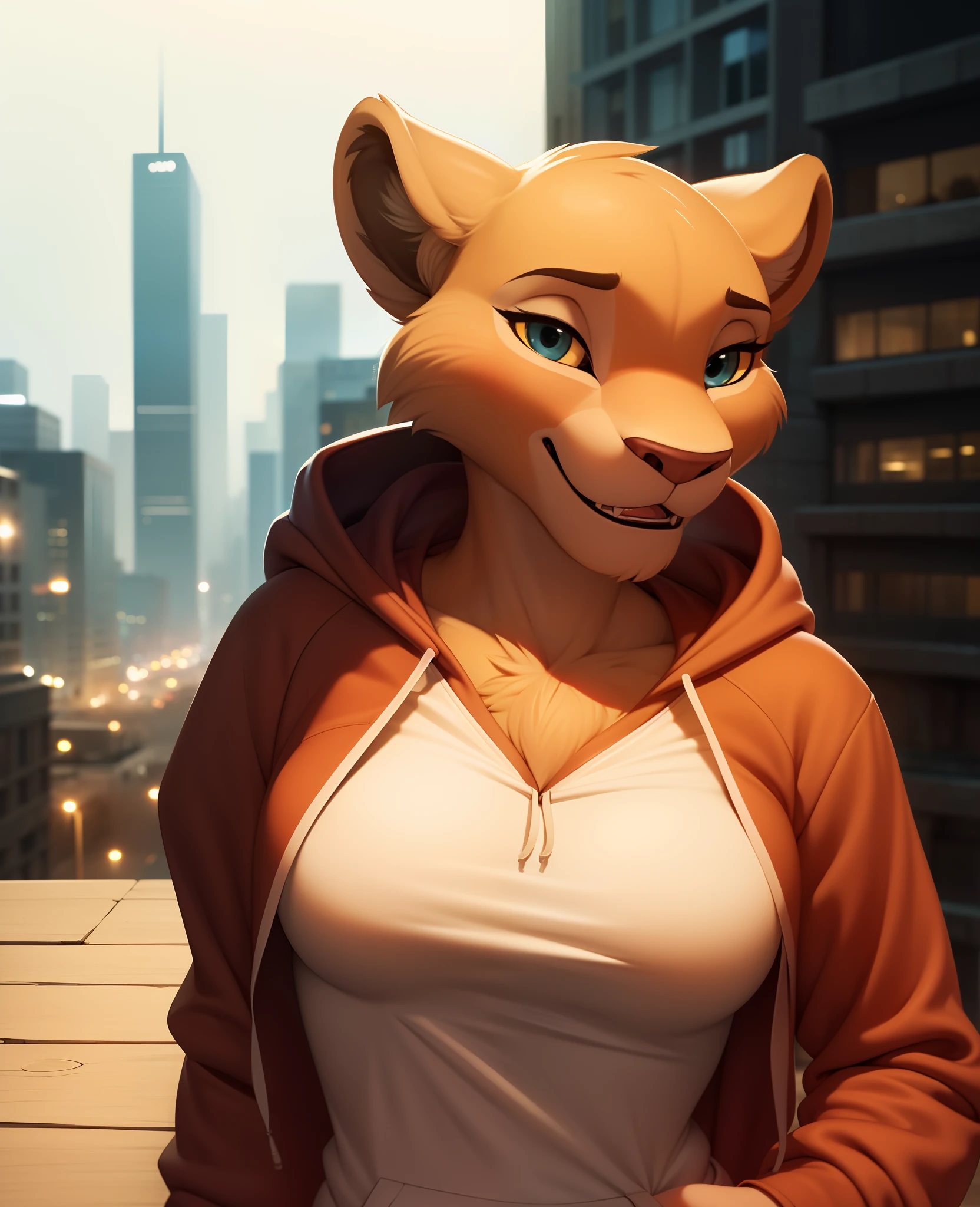 nala, furry female anthro, lion girl, portrait, close-up,  (hoodie:1.2),  hood up, solo, (body fur:1.2), (best quality), (detailed urban background:1.2), dramatic lighting, (detailed fluffy fur:1.1), looking at viewer,  closed mouth, small breasts,