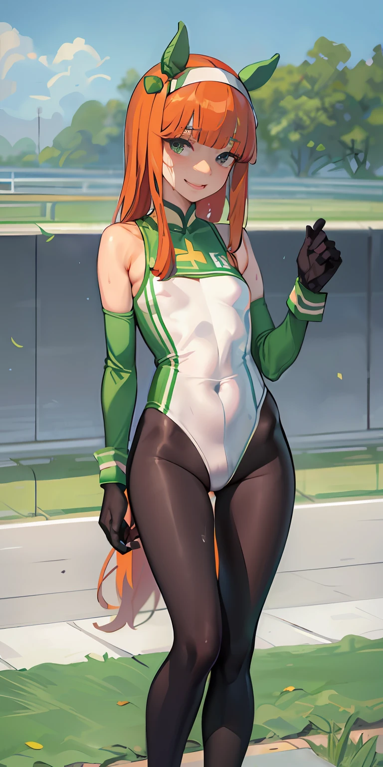 ​masterpiece, top-quality, Full body wide angle, frombelow, Nasty smile, Sweat all over the body, Super small breasts,Nipple emphasis
Silence Suzuka/、Green and white leotards、Race Track、Black tights，Black Gloves