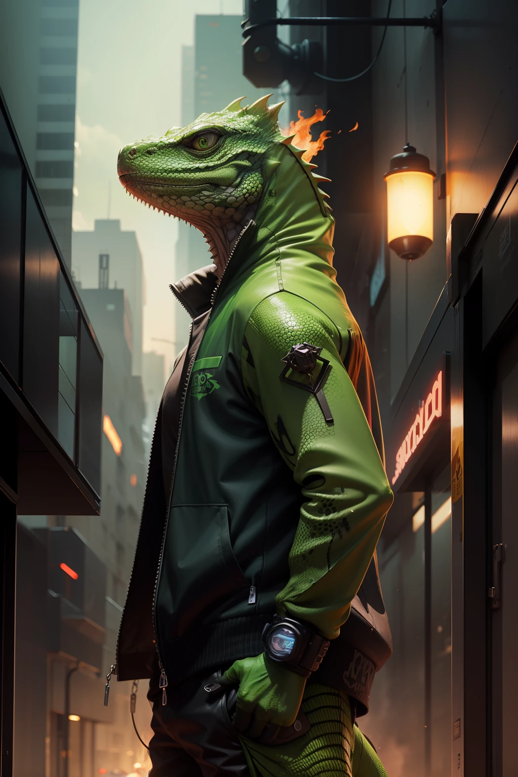 green lizard on fire cyberpunk