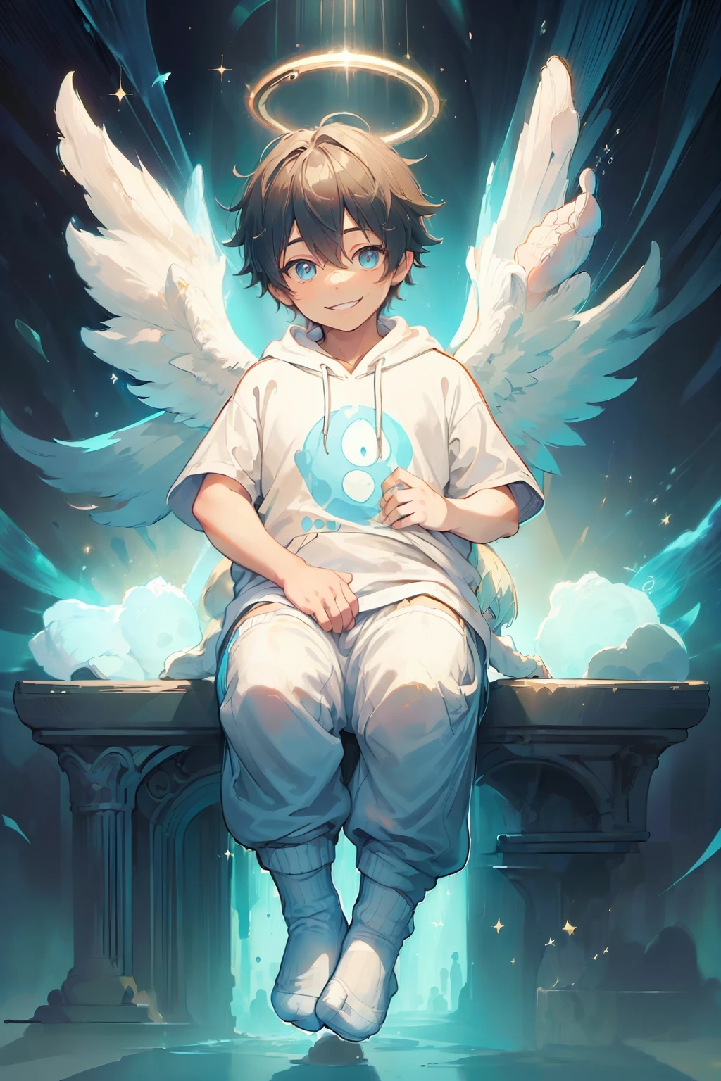 Masterpiece, chubby Little boy with dark cyan hair and shiny gold colored eyes and small socks wearing a hoodie and wings on his back, and oversized sweatpants sitting on a couch watching tv in a dark room and showing his soles, raining outside window, young, boy, child, small, toddler, soft light, (sweatpants:1.4), (undersized socks:1.8), (Boy:1.4), (Shota:1.4), (Young:1.4), (Male:1.4), (smiling:1.4), (foot:1.6), (shy:1.4), (pastel:1.0), (colors:1.0), (cute colors:1.0), (night:1.0), (foot sole:1.4), (divine:1.4),