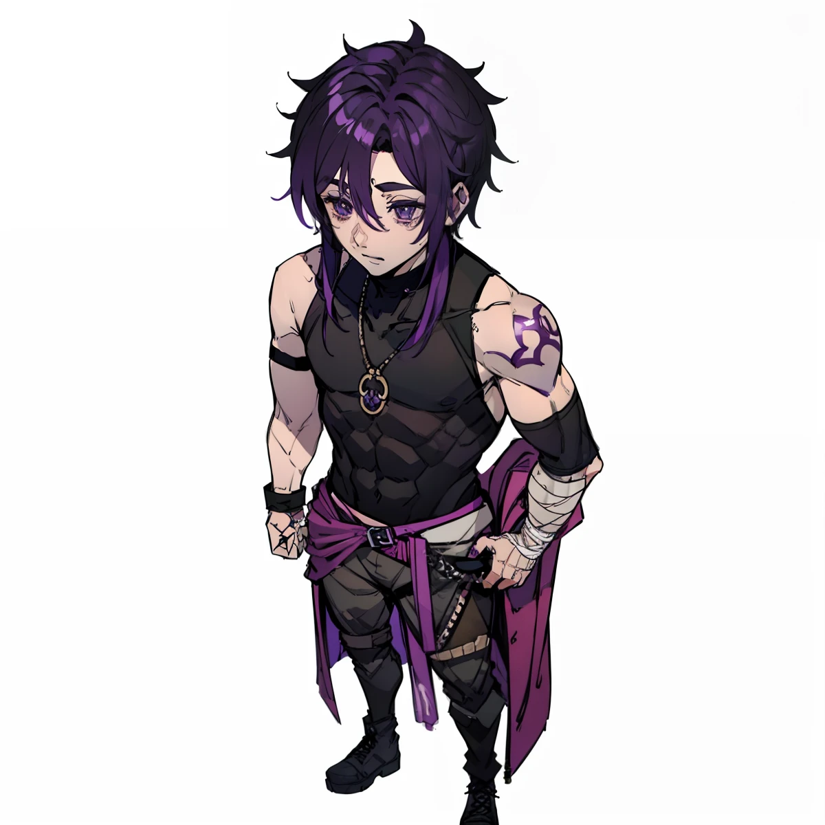 Effeminate looking boy with purple hair, Purple eyes, bags under his eyes from tiredness, top vermelho de gola alta, top vermelho de gola alta, Arms with bandages, wearing black boots and pants, usando uma mochila, arms fully covered by bandages