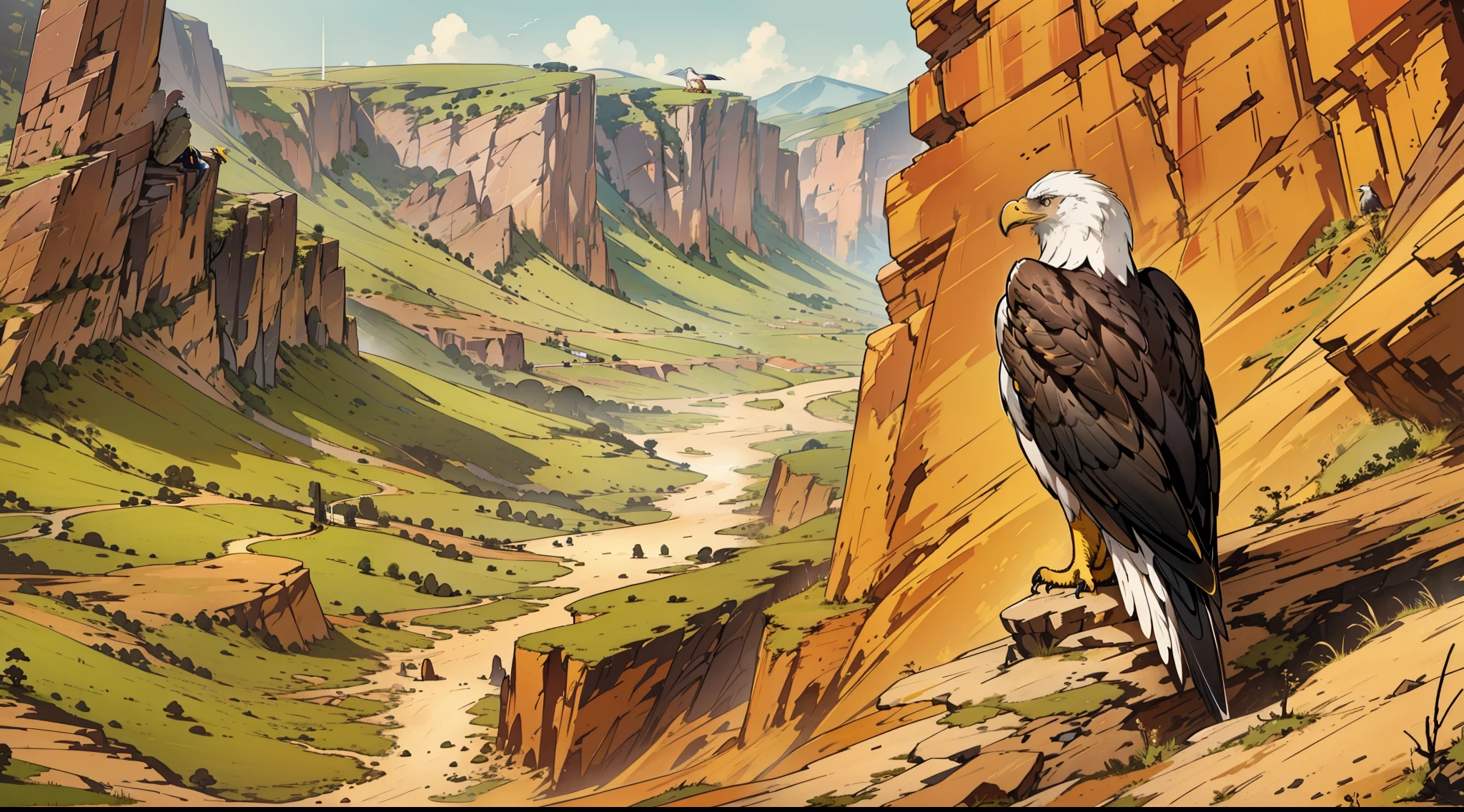 "Side view, Majestic and awe-inspiring, a solitary eagle with a mesmerizing elongated tail perched on a rugged cliff, overlooking the dusty road in the valley below."