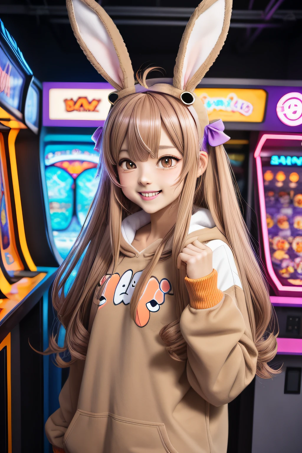 Animal Ears:Bunny:Brown, Background:Arcade, Clothing:Kigurumi:Gray, Eyes:Orange, Facial Expression:Laughing, Hair Accessories:EX Ahoge, Hair Color:Purple, Hair Length:Medium, Hair Style:Rings, Skin Style:Tan, Wrist Accessories:Watch