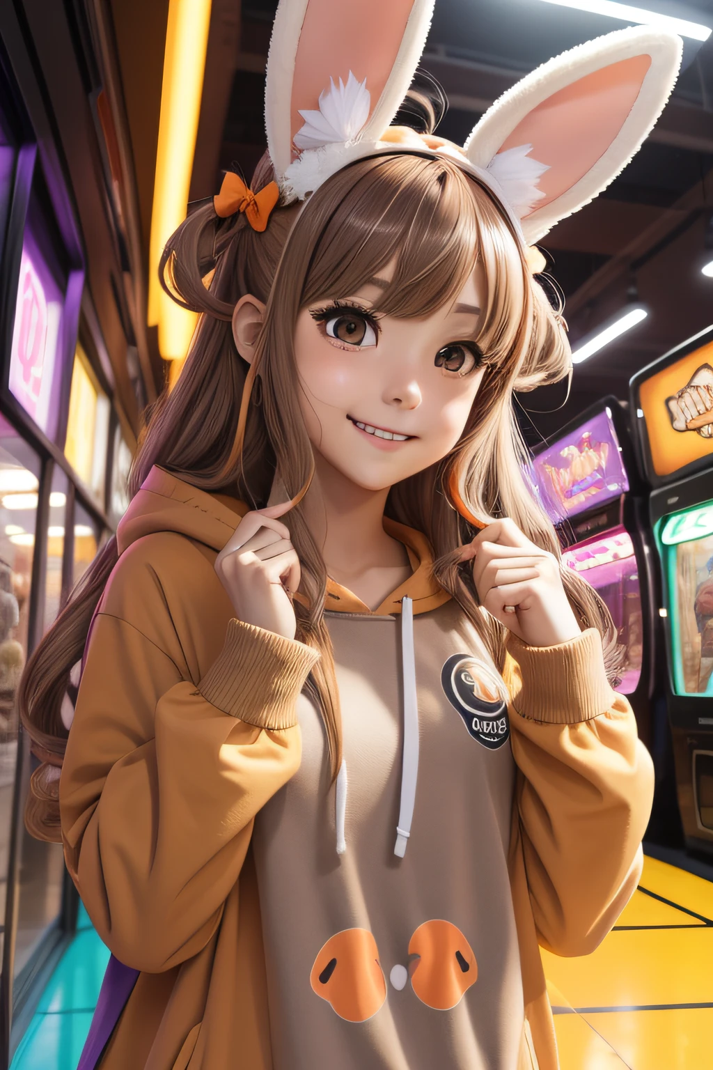 Animal Ears:Bunny:Brown, Background:Arcade, Clothing:Kigurumi:Gray, Eyes:Orange, Facial Expression:Laughing, Hair Accessories:EX Ahoge, Hair Color:Purple, Hair Length:Medium, Hair Style:Rings, Skin Style:Tan, Wrist Accessories:Watch