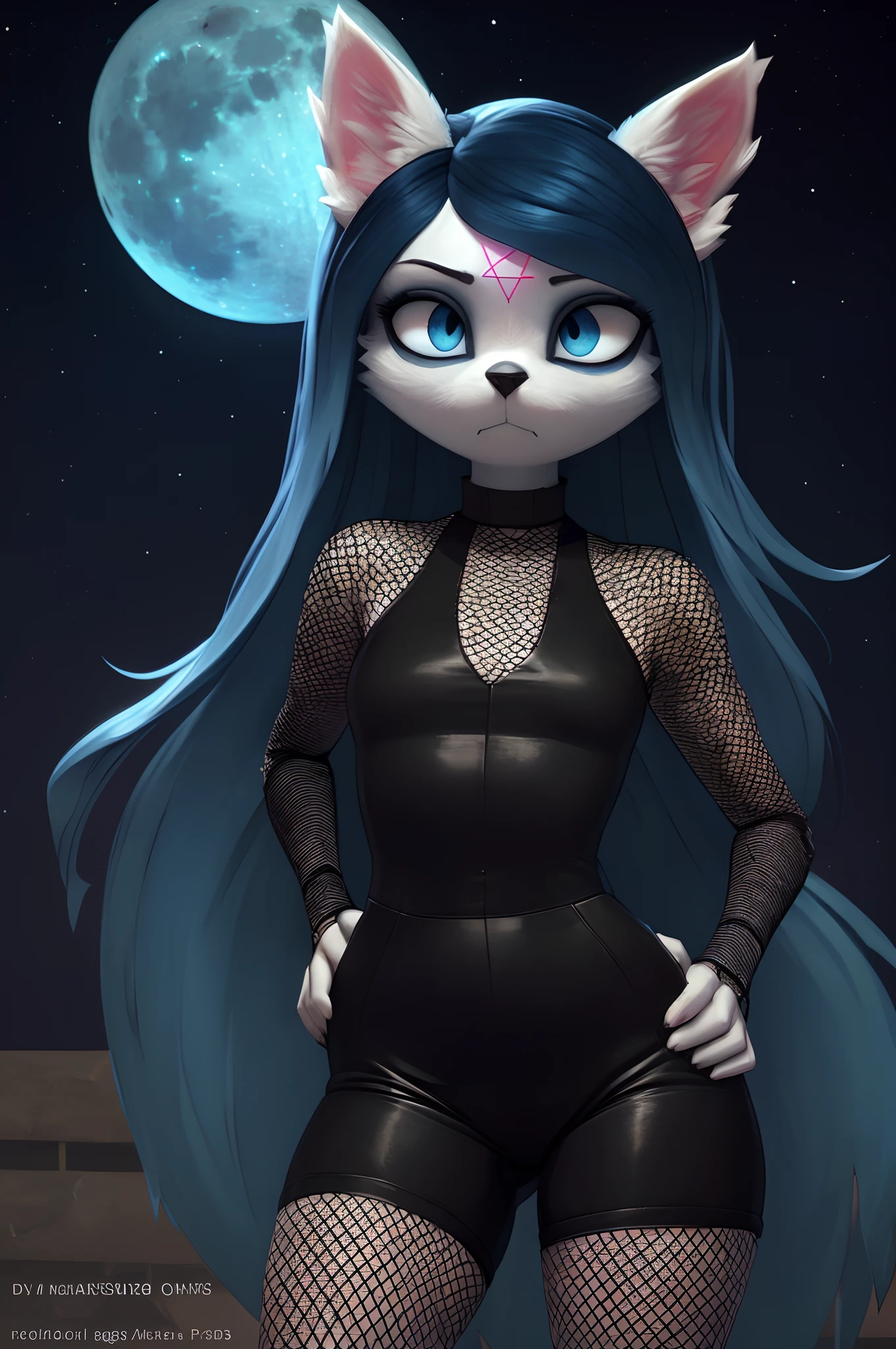 [Claire (the summoning)], [Uploaded to e621.net; (Pixelsketcher), (wamudraws)], ((masterpiece)), ((1girl)), ((solo portrait)), ((full body)), ((front view)), ((furry; anthro)), ((detailed fur)), ((detailed shading)), ((beautiful 3D art)), ((shoes visible)), {anthro; (white fur, black nose), pink pentagram on forehead, long blue hair, dark blue slit eyes, frown}, {(fishnet sleeves), (bodysuit)}, {(dynamic pose), (hand on hip), (hand in pocket)}, [background; (nighttime), (starry sky), (full moon)]