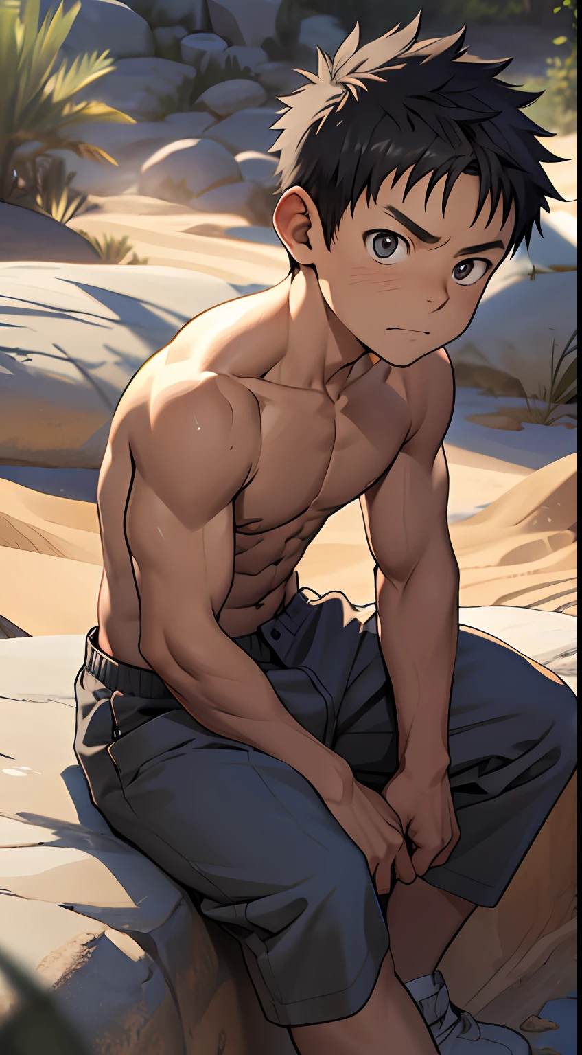 (masutepiece, Best Quality),1boy,(younge boy,child-faced,Boy's face),a baby face,infancy,sideface,Naked sitting in the desert,infancy,young age,short round face,Flat chin,finely detaild face,Gray shorts,well-muscled，short-hair,radiant eyes,opens his eyes wide,with an intricate,full body Esbian,nakeness,Abs pectoral muscles,vivd colour,(depth of fields:1.2),(Abs),read a book,Full body portrait with serious expression