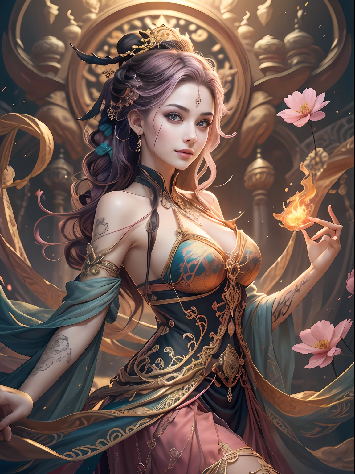 Smooth and dynamic girl, wearing a loose and flowing pink dress, mysterious expression, curly black-pink hair, [Aishwarya Rai], bold and colorful abstract art in a modern and abstract environment, blurred background, bright lights, official art, Unity 8k wallpaper, (zentangle, mandala, tangled, tangled), complex clothes, stroke (whole body, from all directions, masterpiece, top quality, best quality, official art, Beauty and aesthetics: 1.2), very detailed, (fractal art: 1.1), (color: 1.1) (flowers: 1.3), highest detail, (zentangle: 1.2), (dynamic pose), (abstract background: 1.3), (shiny skin), (multiple colors: 1.4), (feathers: 1.5), dynamic angle, most beautiful chaotic forms, elegant, fauvist design, bright colors, romanticism, dark style beautiful princess of the underworld spooky bad smile complex tattoos Anime 3D Art Style 3D Dark Night Deep Black Sky Horror ((Cold Complex Skull Accessories )) (Guvez style artwork) ((Black Chinese-style underground palace with huge complex structure in background)) Leica lens Depth of field (Masterpiece, top quality, best quality, official art, Beauty and Aesthetics: 1.2), (1girl: 1.3), (Fractal Art: 1.3) (Masterpiece, Top Quality, Best Quality, Official Art, Beauty and Aesthetics: 1.2), (1girl), Extreme Detail, Colorful, Highest Detail, Official Art, Unified 8k Wallpaper, Ultra Detailed, Beautiful and Aesthetic, Beautiful, Masterpiece, Best Quality, (Zentangle, Mandala, Tangled, Entangle), Holy Light, Gold Leaf, Gold Foil Art, Glitter Drawing, PerfectNwsjMajic M Desfi masterpiece, the best quality, hair becomes fire, hair is on fire, fantasy, (Ray: 1.05), Orange Light Particles, Landscape, Fire, Beautiful and Detailed Explosion, Beautiful Detailed Glow, Flame Burning Around, Flame Burning Around, Fire Feather, Burning, Ash, (Red Sun: 1.05), (Flame Around Character: 1.1), Solo, Crazy Smile, (Detail: 1.05), High Resolution Illustration, Radiant Skin, Colorful, (Ultra Fine: 1.1), (Illustration: 1.05), (Detail Light: 1.05), (Ext