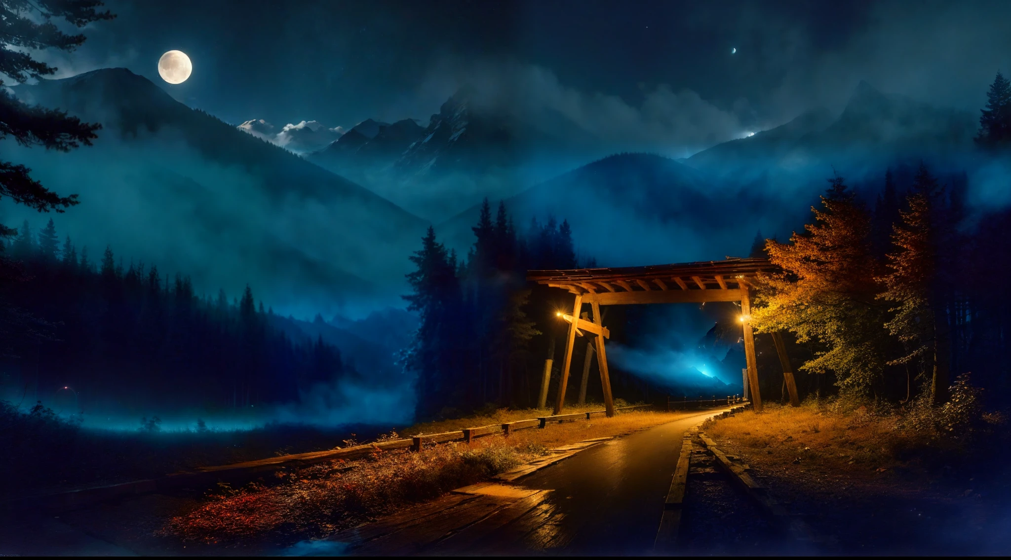 a forest at night with a large tall wooden bridge suspended between the trees and the mountains, a bright moon in the sky and fireflies and lights among the trees and a mist on the ground