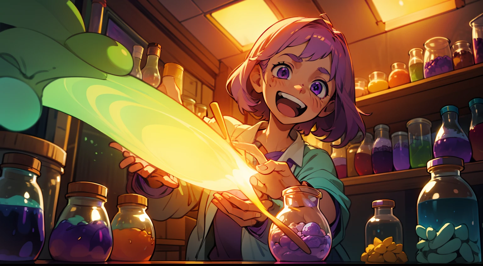Crea una escena, Where a Girl Scientist, It's in your lab, with scientific jars, with greenish and purple lighting, with expression laughing raising his hands with jars in hand