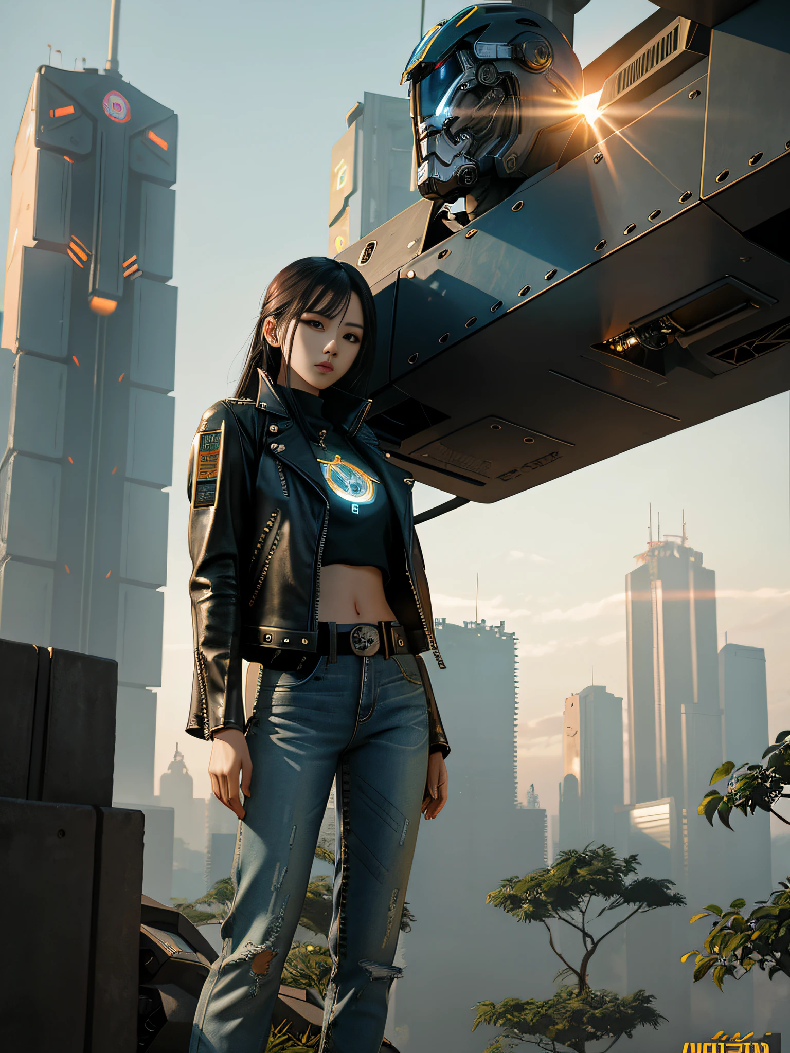 A woman in cropped jeans and leather jacket standing next to a giant robot, sunrise in the jungle, View from below, guweiz style artwork, cyberpunk girl mech, trending on cgstation, guweiz, by Russell Dongjun Lu, art digital cyberpunk anime, ross tran 8k, guweiz on artstation pixiv, girl in mecha cybernetic armor