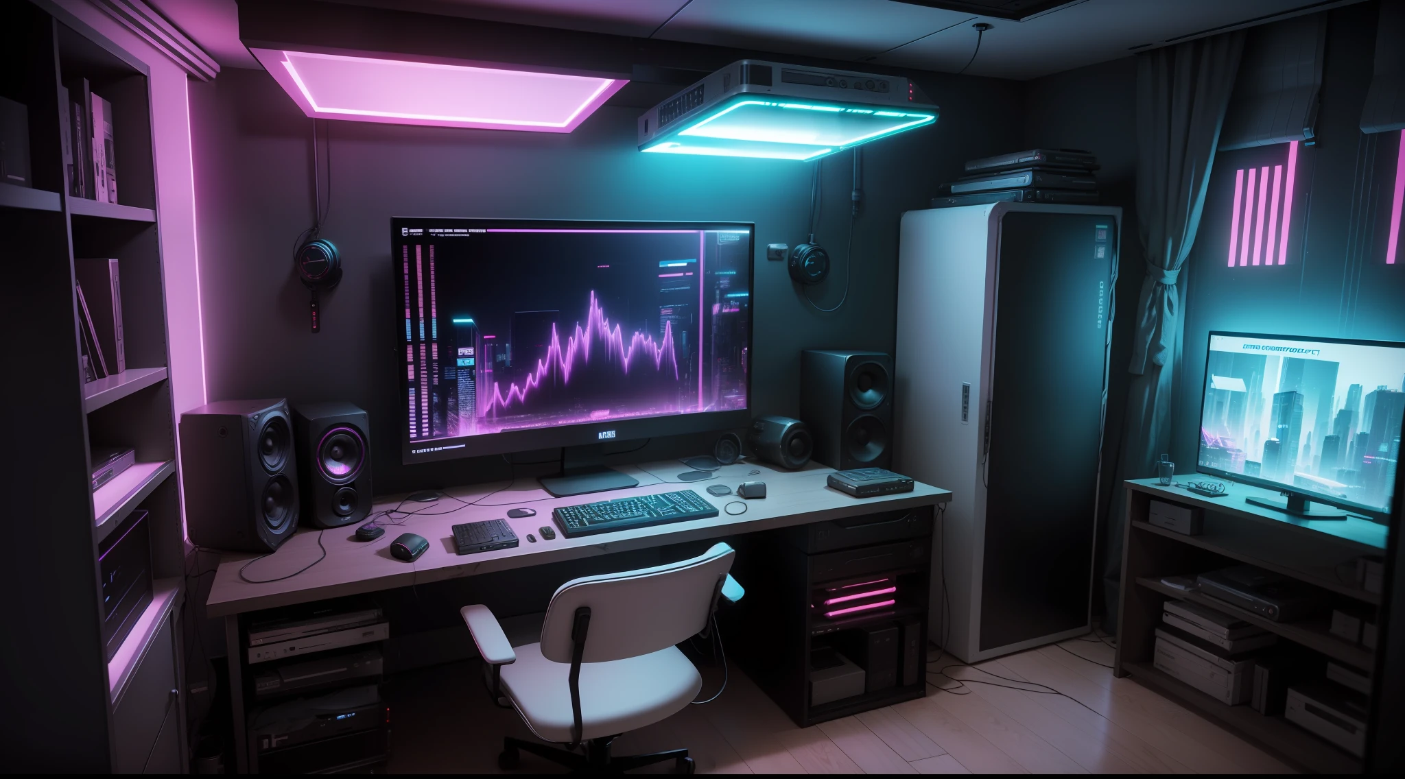 There is a computer desk with a monitor, Speakers & Monitor, cyberpunk setting, cyberpunk atmosphere, Cyberpunk lighting, Cyberpunk interior, Cyberpunk bedroom at night, 3 d render beeple, In the room, designed in the style of cyberpunk, cyberpunk atmosphere, Cyberpunk Teen Bedroom, cyberpunk with neon lighting, Cyberpunk Apartment, hyper realistic cyberpunk style, Muted cyberpunk style, Cyberpunk bedroom, Living room
