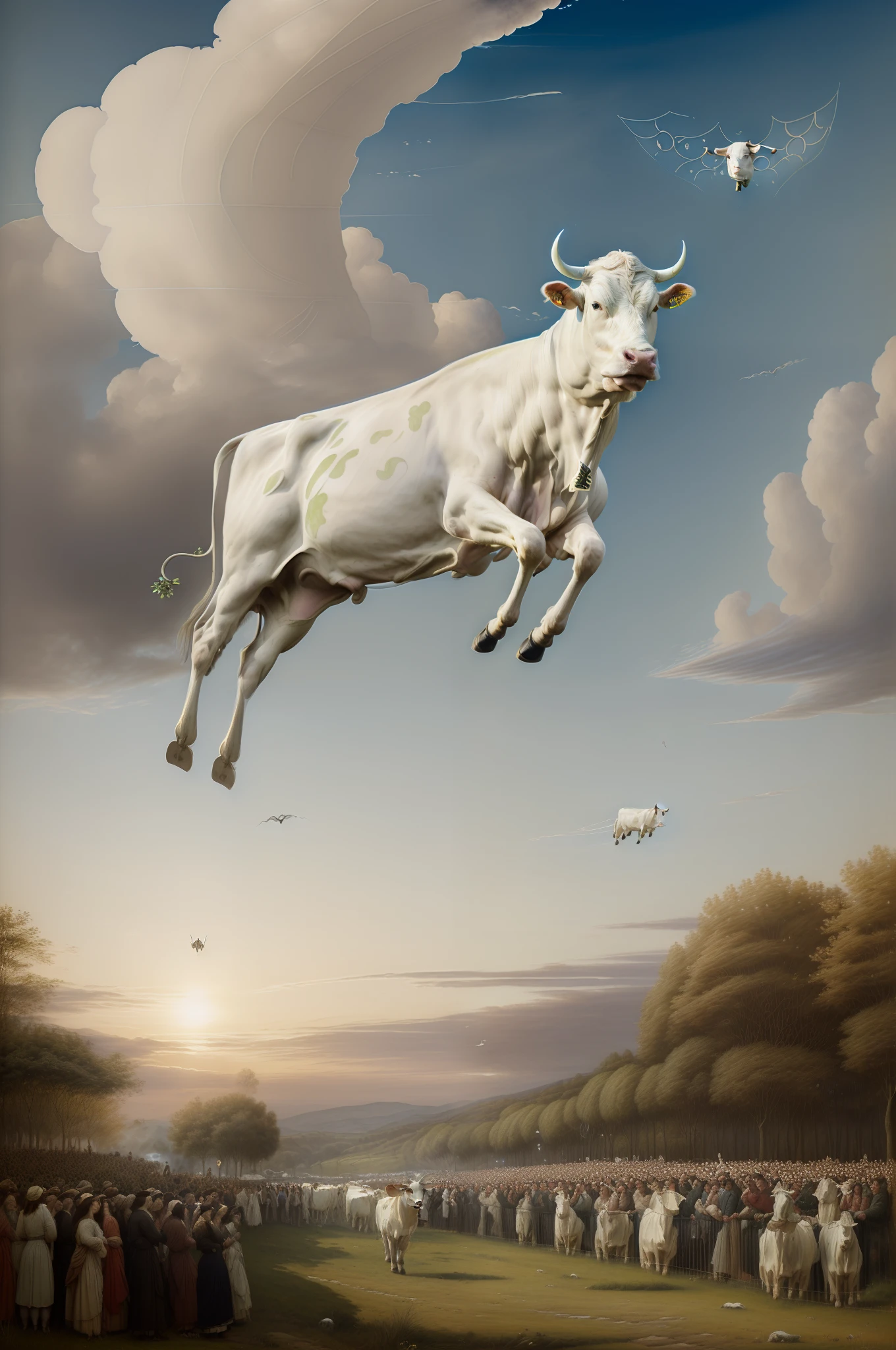 undergrowth. (((Pre-Raphaelite Celtic painting of a white cow flying between clouds in the sky worshipped by a crowd of people, paisagem celta)))