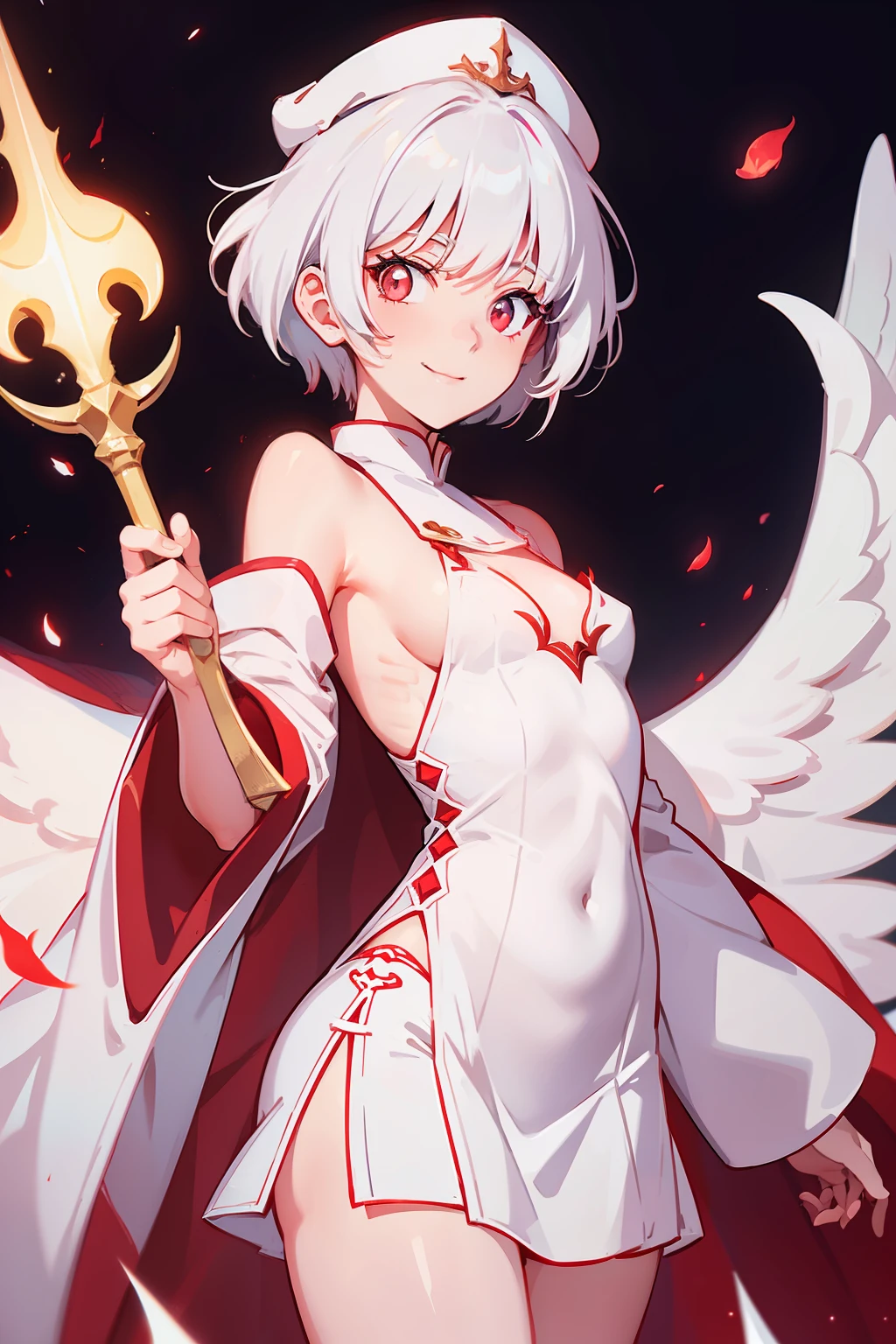 Cleric girl, White short hair, red eyes, smile, flat chested, soft cap, long white robe