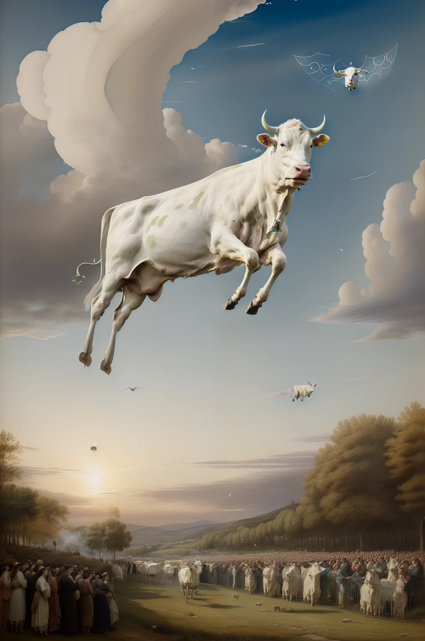 teta da vaca, udder. (((Pre-Raphaelite Celtic painting of a white cow flying between clouds in the sky worshipped by a crowd of people, paisagem celta)))