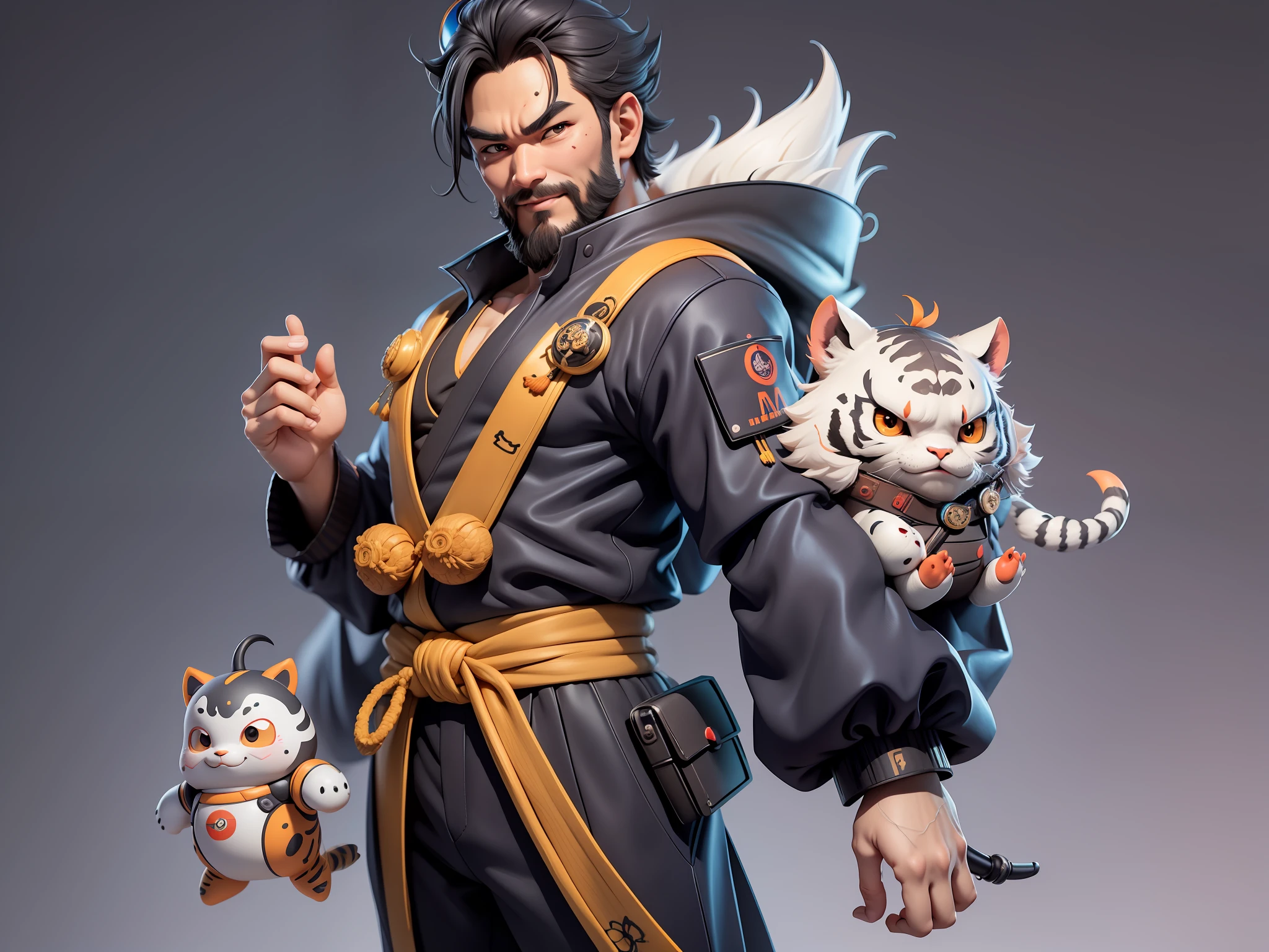 (Daisaku),(Need),(Super meticulous),(full bodyesbian:1.2),Super young man with Japanese geisha,Beautiful,orient,one tiger,Aeolian Thor,Raised sexy,爆乳,Oriental face,TV Anchor,Bust portrait illustration,In black suit,a blue tie,The face is slightly chubby,The face was clean,without a beard,Black super short hair,Black eyes,Smile confidently,3C computer sub-products,iPad, iphone,Digital painting,3D character design by Mark Clairen and Pixar and Hayao Miyazaki and Akira Toriyama,The illustration is a high-definition illustration in 4K resolution,With very detailed facial features and cartoon-style visuals。