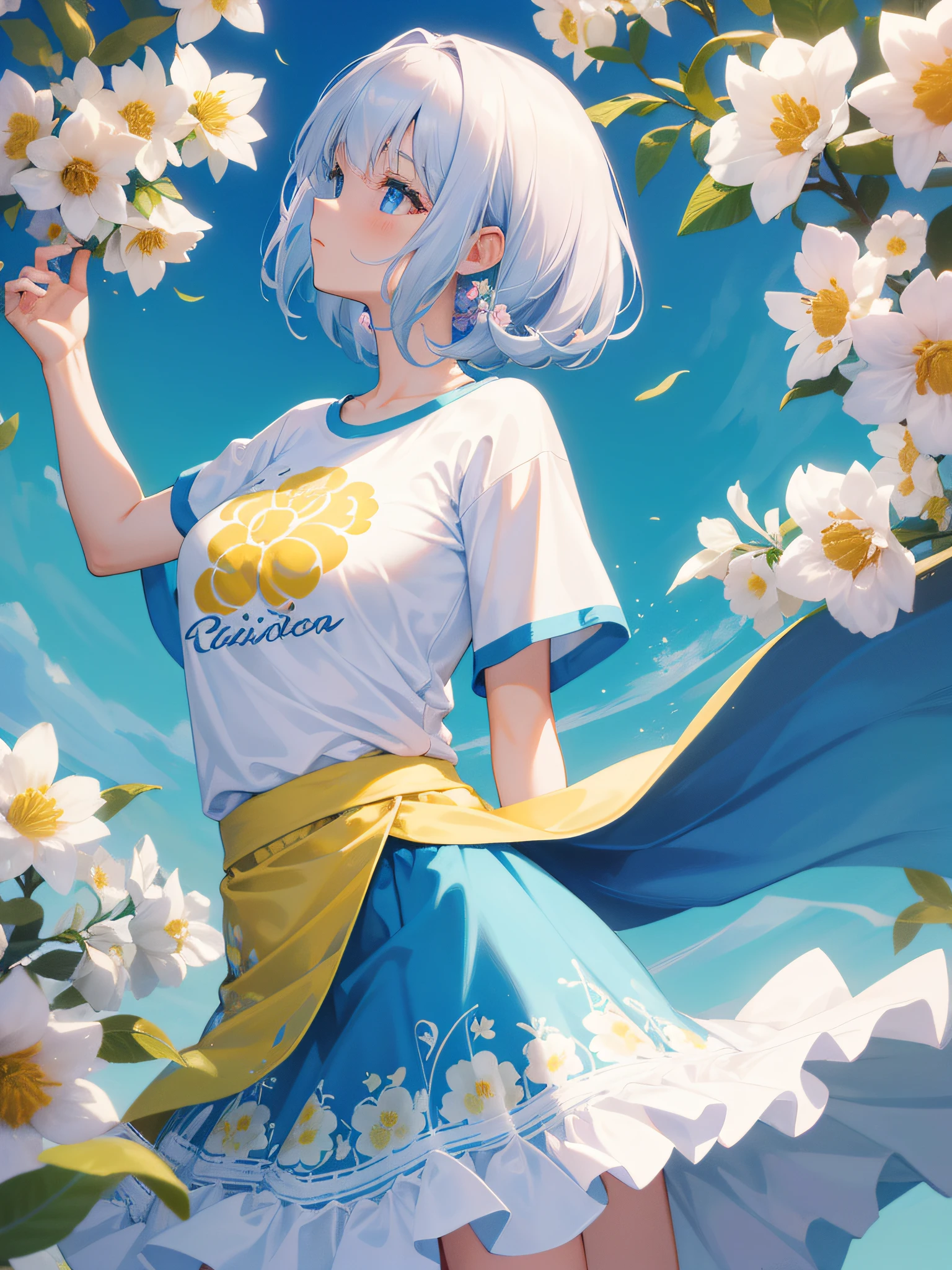 Mulher loira com cabelo ondulado longo, usando top de acordo com flores curtas, com longos cabelos pretos, surrounded by several flowers, imagem de estilo realista, Cercado pelo design da camiseta Vector VibraPrint Ready, fundo branco, side view, label, fundo branco limpo, vetor profissional, Detalhes extremamente altos, design de camisetas, vibrante.