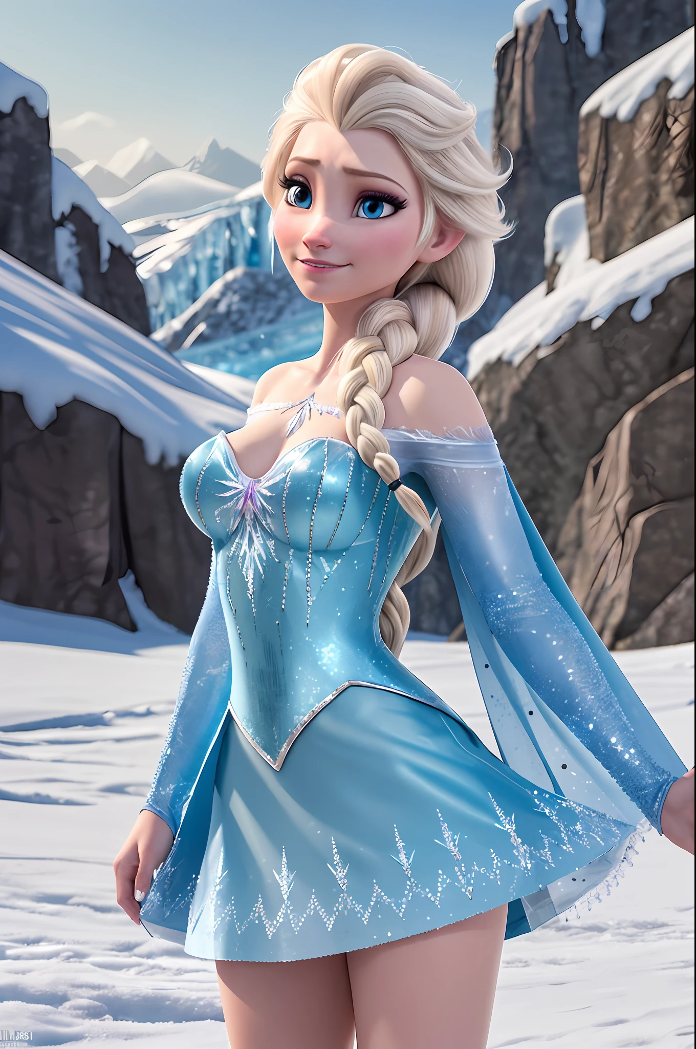 "Create a masterpiece with the best quality, showcasing a realistic cosplay of Elsa of Arendelle in her stunning blue ice dress. She should have a single braid. The background should feature a majestic mountain covered in snow and ice, close shot, she is large chested and has decolletage, she is petite and is posing for the shot, the shot is taken from behind."