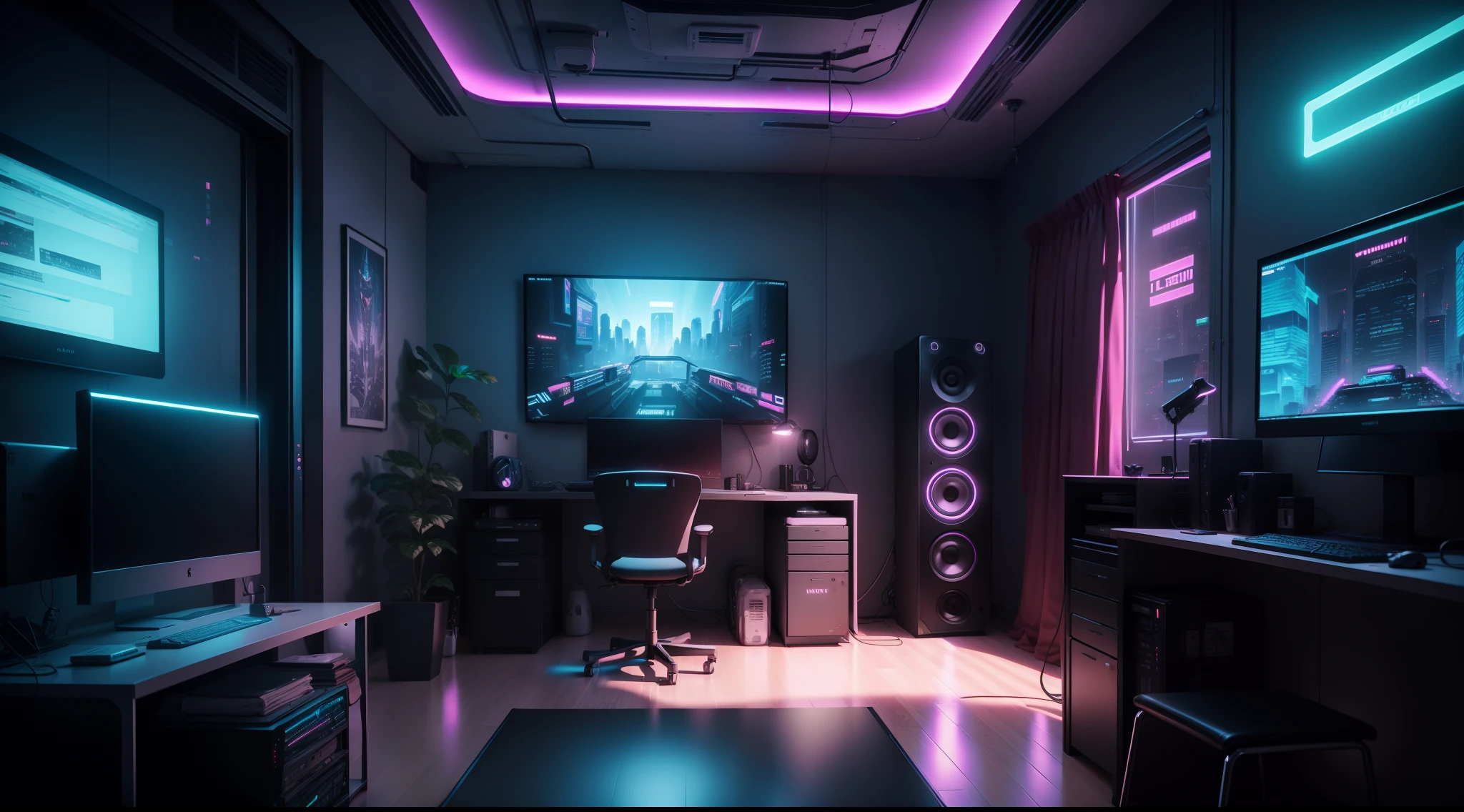 There is a computer desk with a monitor, Speakers & monitor, cyberpunk setting, cyberpunk atmosphere, Cyberpunk lighting, Cyberpunk interior, Cyberpunk bedroom at night, 3 d render beeple, In the room, Made in the style of cyberpunk, cyberpunk atmosphere, Bedroom for agers in cyberpunk style, cyberpunk with neon lighting, Cyberpunk Apartment, hyper realistic cyberpunk style, Muted cyberpunk style, Cyberpunk apartment, Housing