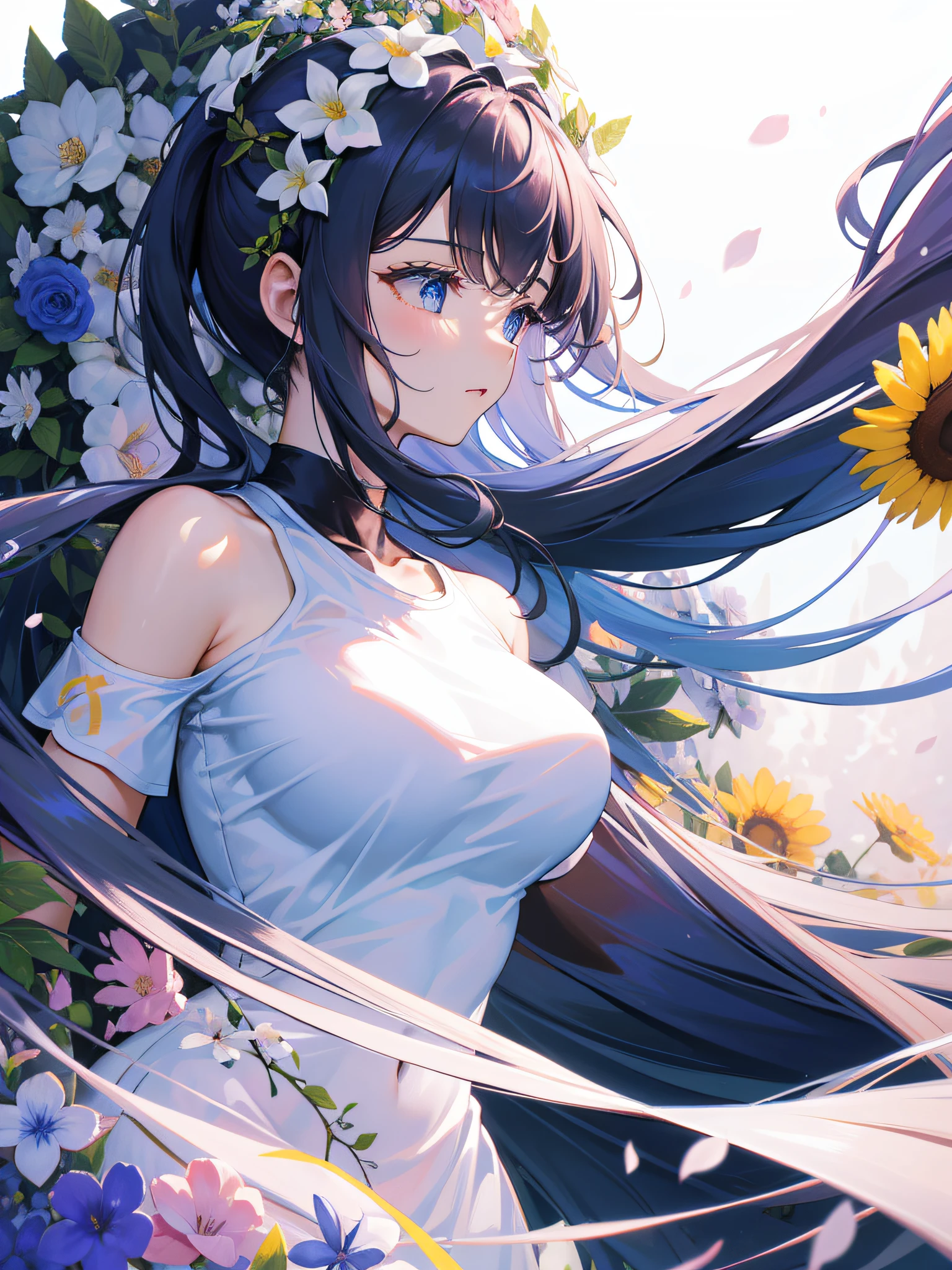 Anime illustration、masterpiece、Highest quality、One girl、Hairstyle: Long hair、Ponytail、Tie with a long ribbon、Blue eyes、The outfit is a sleeveless white short dress、The background is a sunflower field、The flowers look like they were painted with oil paints.、It&#39;s midsummer、Cheerful cute princess