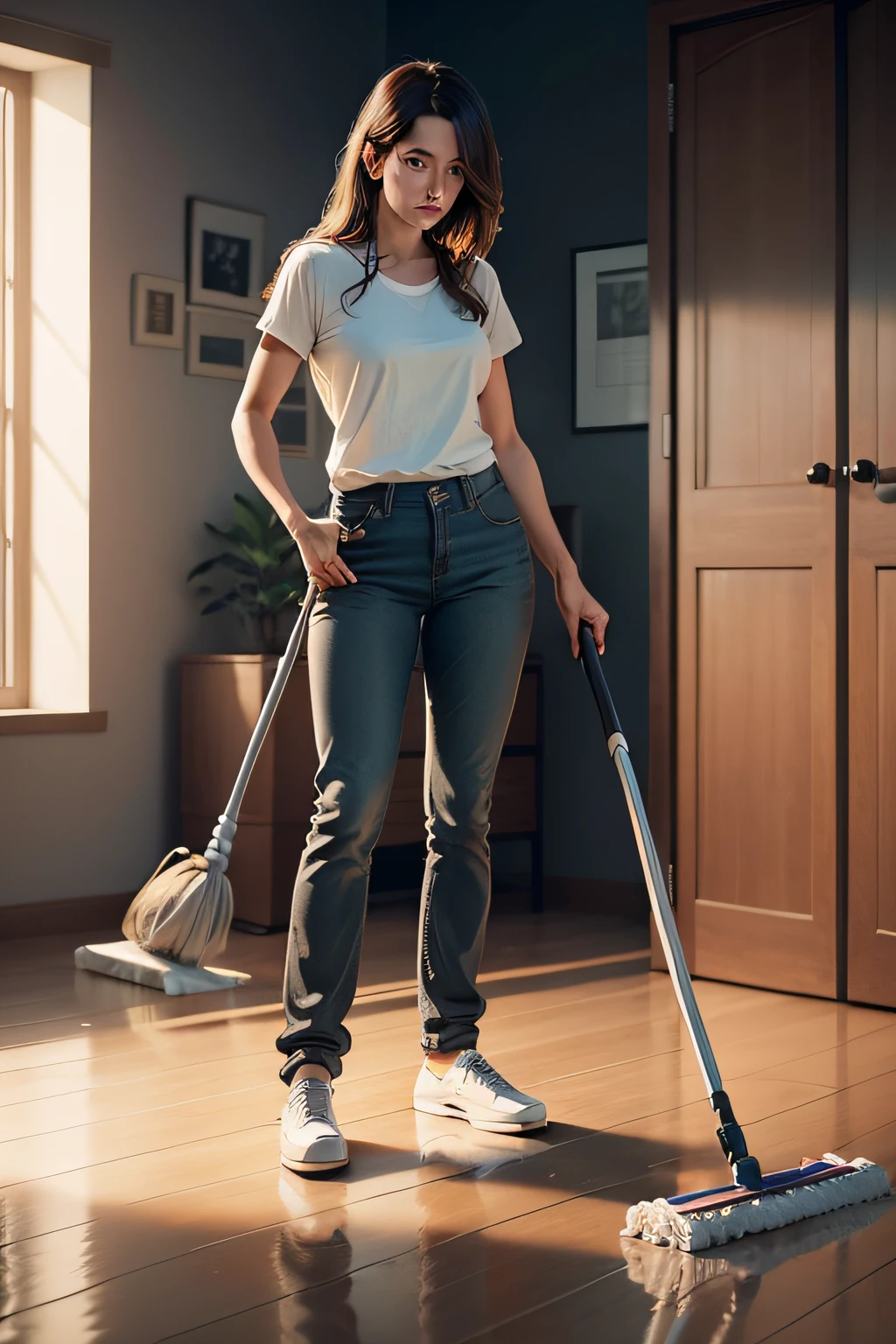 female in pants  cleanin with a mop the flor ,modern amient , full body cinematic photo realistic