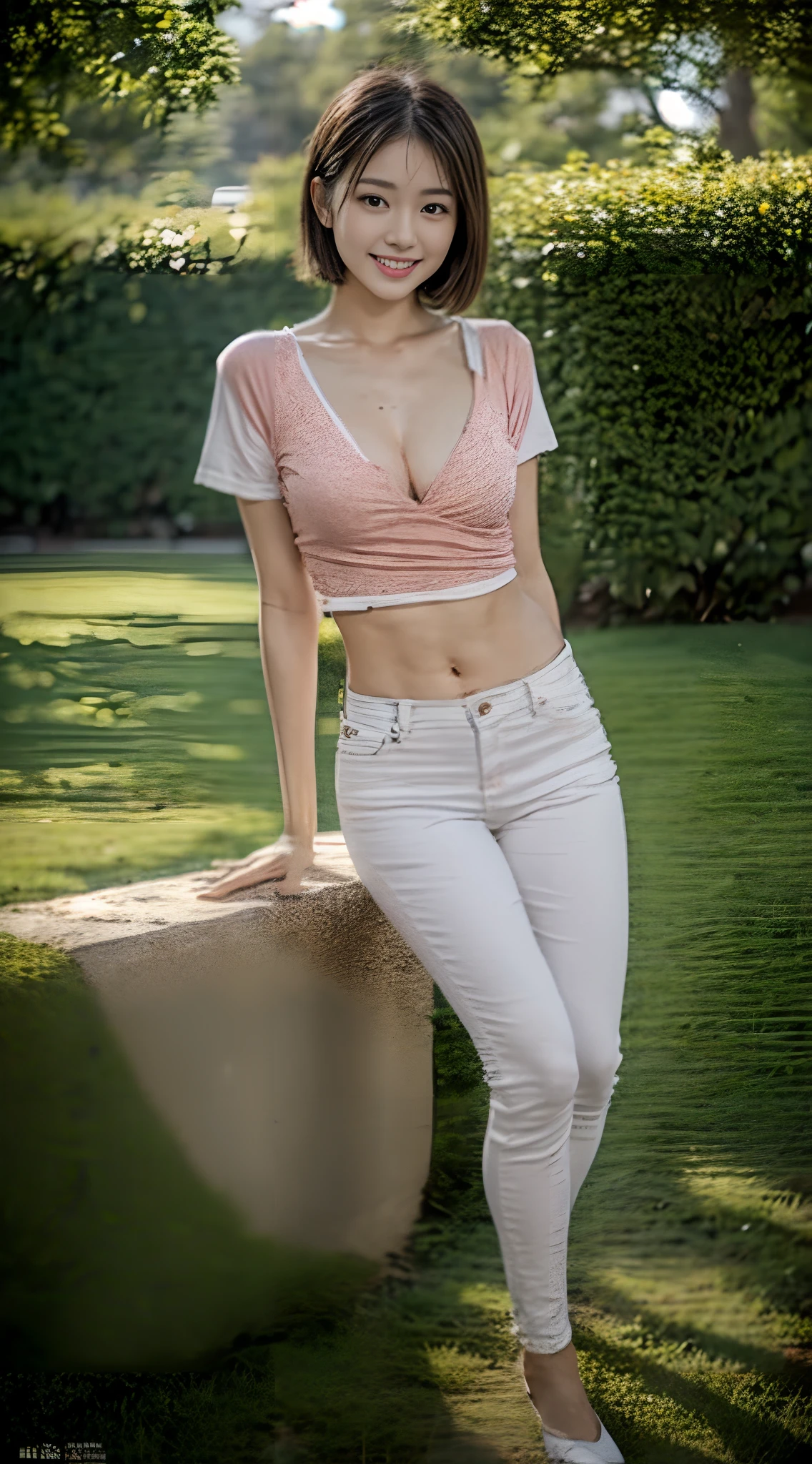 1 beautiful woman taking pictures on the grass of the villa,RAW photos,tmasterpiece,(highdetailskin:1.2),8k ultra high definition,digital SLR camera,gentlesoftlighting,high high quality,filmgrain,富士XT3,20 years old Asian woman,Wear simple clothes,(White long nurse uniform:1.2 and long skinny jeans:0.7,Detailed clothing details:1.3),perfect body figure,Perfect breasts and nipple bulge,The legs are straight and slender,Branded stylish shoes:0.6,Super detailed facial details and skin,Fair pink face and skin,The skin is pink,with light glowing,二重まぶた,Super detailed eyes,Sweet smiling,Short hair with a high ponytail, (Gloss on lips, eyeslashes, Glossy face, Best quality, Super high resolution, warm color,Wide lighting, naturalshadow),Legs split,Sit on grass, Show off your beautiful body, Full body shooting: 1.8