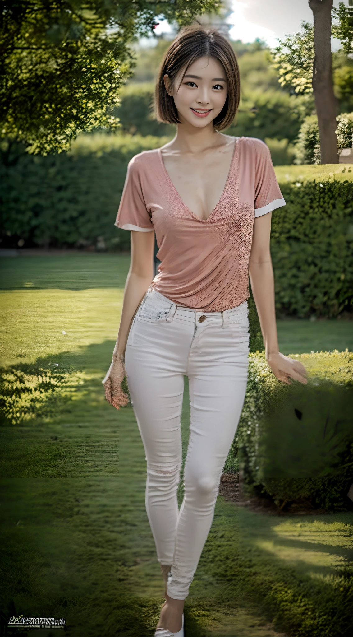 1 beautiful woman taking pictures on the grass of the villa,RAW photos,tmasterpiece,(highdetailskin:1.2),8k ultra high definition,digital SLR camera,gentlesoftlighting,high high quality,filmgrain,富士XT3,20 years old Asian woman,Wear simple clothes,(White long nurse uniform:1.2 and long skinny jeans:0.7,Detailed clothing details:1.3),perfect body figure,Perfect breasts and nipple bulge,The legs are straight and slender,Branded stylish shoes:0.6,Super detailed facial details and skin,Fair pink face and skin,The skin is pink,with light glowing,二重まぶた,Super detailed eyes,Sweet smiling,Short hair with a high ponytail, (Gloss on lips, eyeslashes, Glossy face, Best quality, Super high resolution, warm color,Wide lighting, naturalshadow),Legs split,Sit on grass, Show off your beautiful body, Full body shooting: 1.8