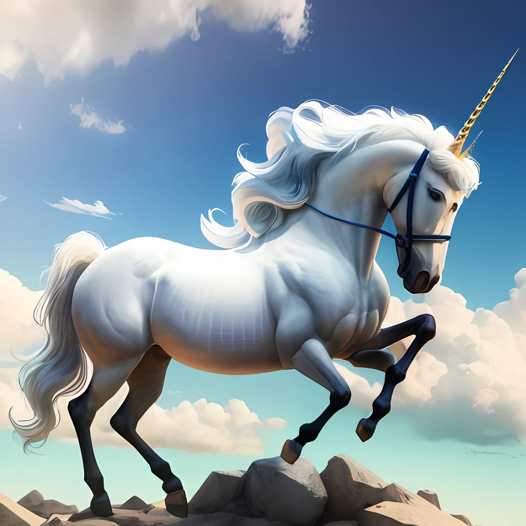There is a white horse with a rainbow mane and a blue bridle, unicorn, unicorn from the tusk movie, a unicorn, white unicorn, ultra realistic 3d illustration, unicorn horn, unicorn flying in the sky, unicorns, alta qualidade 3d realista, blue unicorn, qualidade ultra hiper realista, ultra realistic illustration, realistic illustration, alta qualidade realista