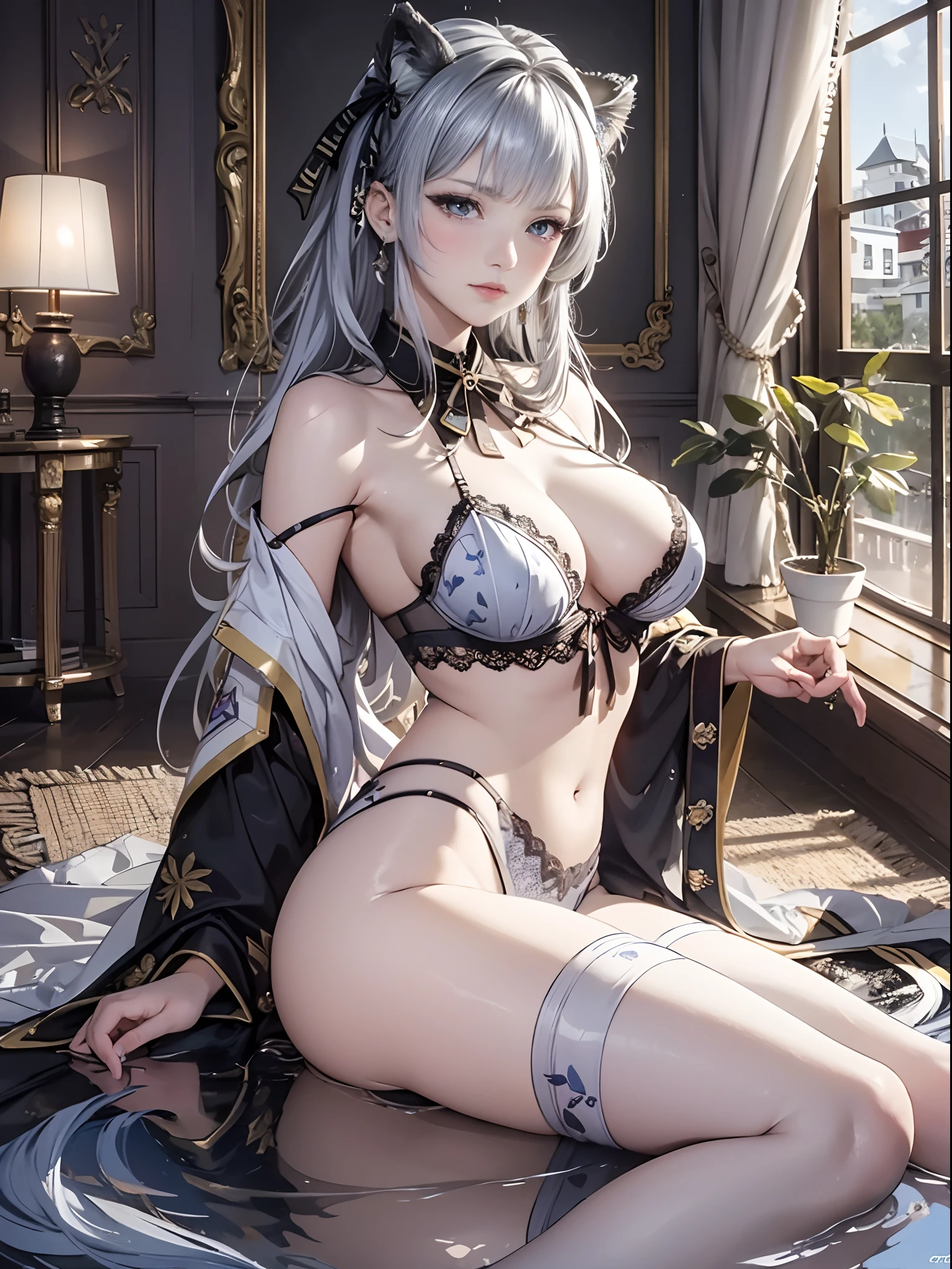 (Enrich the picture,Masterpiece level quality)Beautiful 8K CG artwork,Goddess-like posture,sittinng on the river,Postural exercises,Slim and soft,Translucent skin,Silver hair、The beauty of extra-long hair, Super Long Straight Hair,The skin is fair and juicy,Big breasts underwear uniform,Perspective Part 1.2x enhanced silhouette effect,Exquisite transparent blues pattern in pajamas,The details are intricate and exquisite,The background is slightly blurred,Charming and lustful leg seduction,Drool,K cup big breasts,Blush,Japan goddess,Perfect body slim curves,Scene by the sea,