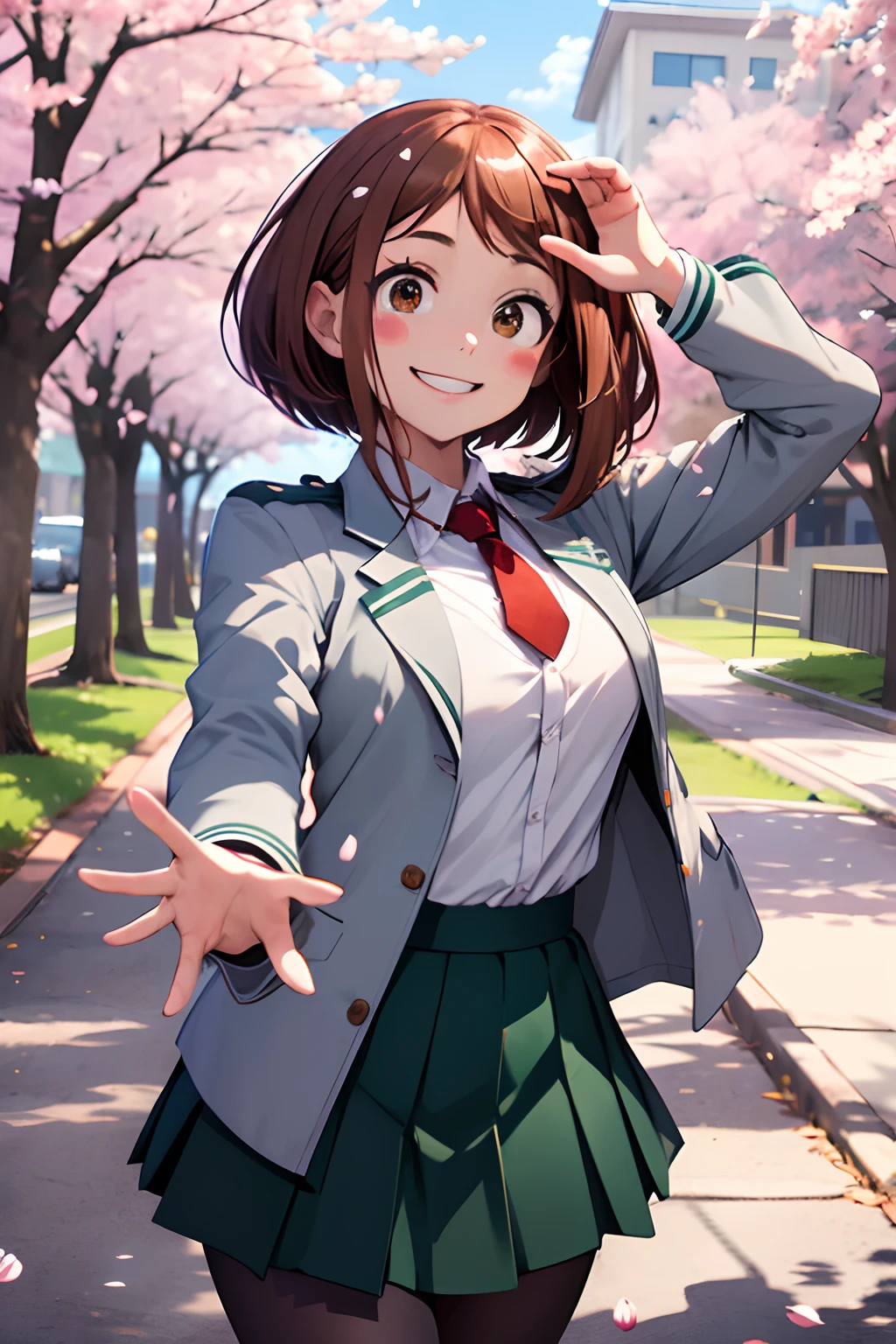 masterpiece, best quality, highres, hmochako, blush stickers, short hair, medium breasts. school uniform, green skirt, pleated skirt, red necktie, black pantyhose, white shirt, long sleeves, grey jacket, reaching out, smile, cherry blossoms, outdoors, cowboy shot,