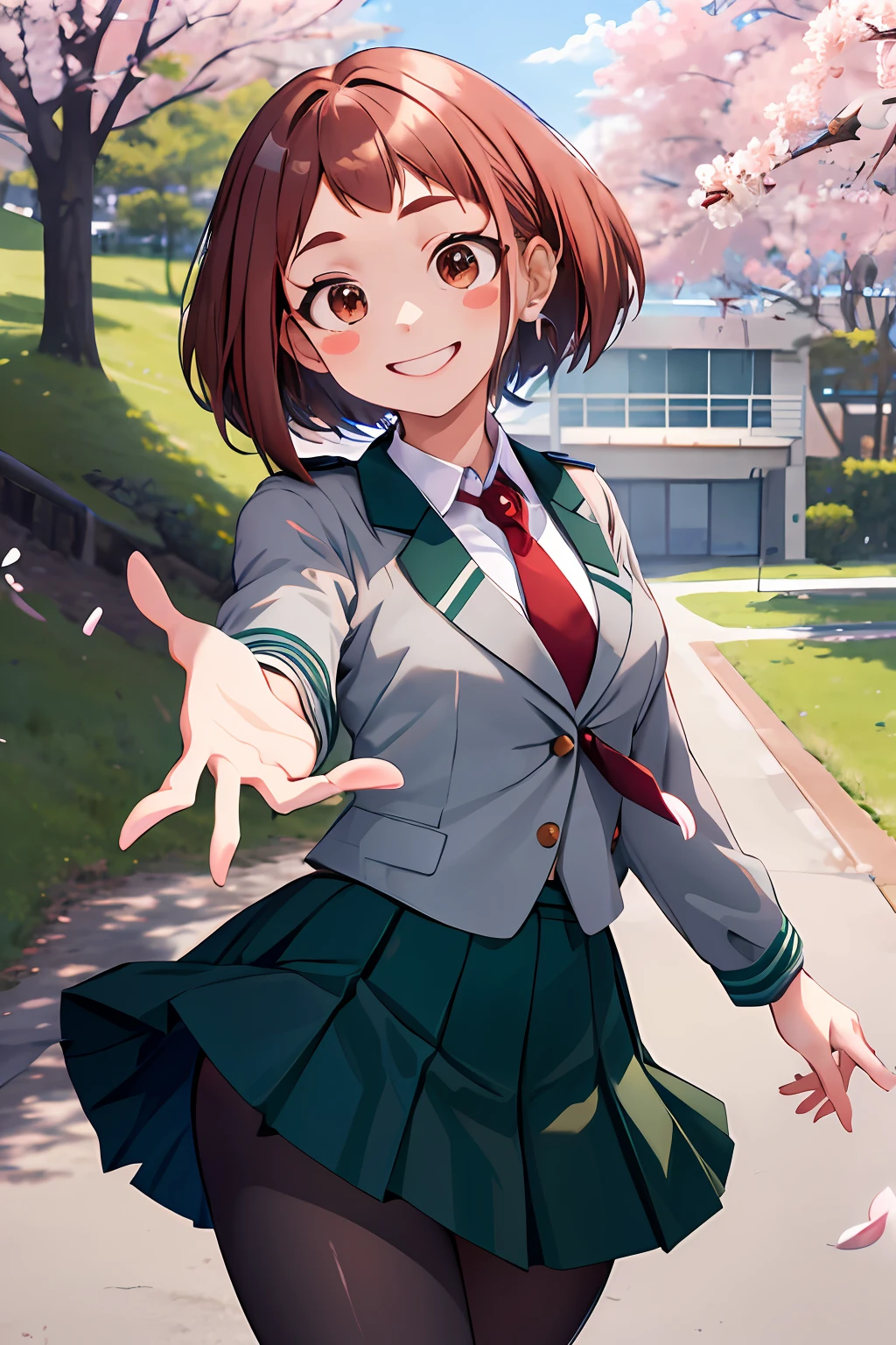 masterpiece, best quality, highres, hmochako, blush stickers, short hair, medium breasts. school uniform, green skirt, pleated skirt, red necktie, black pantyhose, white shirt, long sleeves, grey jacket, reaching out, smile, cherry blossoms, outdoors, cowboy shot,
