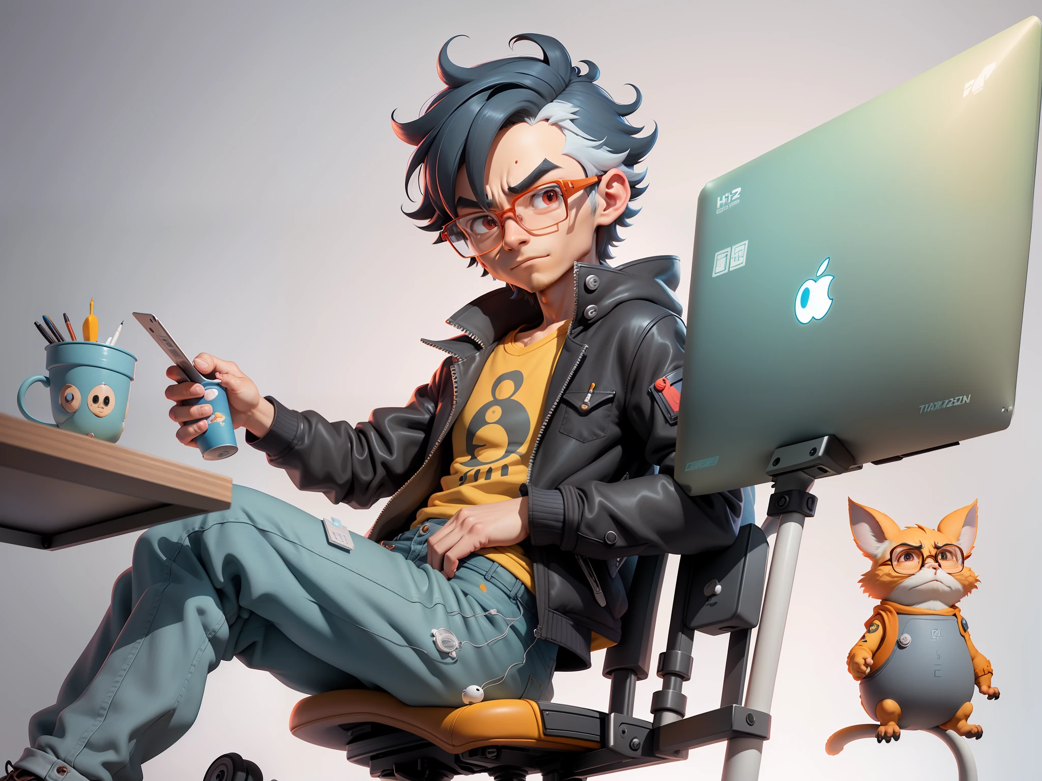 A young man with glasses sits at his desk,holding laptop,digitial painting,3D character design by Mark Clairen and Pixar and Hayao Miyazaki and Akira Toriyama,4K HD illustration,Very detailed facial features and cartoon-style visuals。