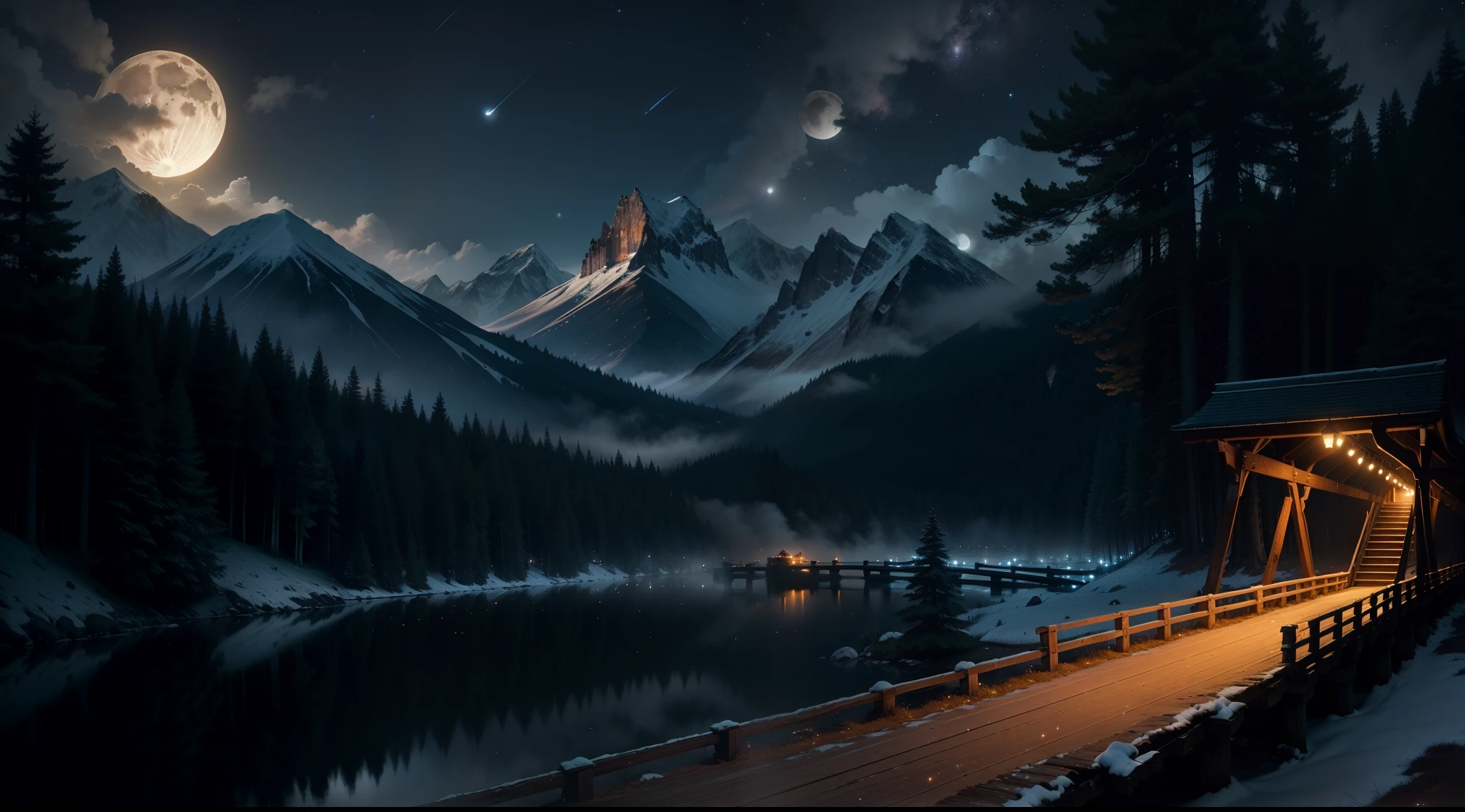 a forest at night with a large wooden bridge between the trees and the mountains, a bright moon in the sky and fireflies and lights among the trees and a mist on the ground with a woman with long shore-haired walking over the bridge