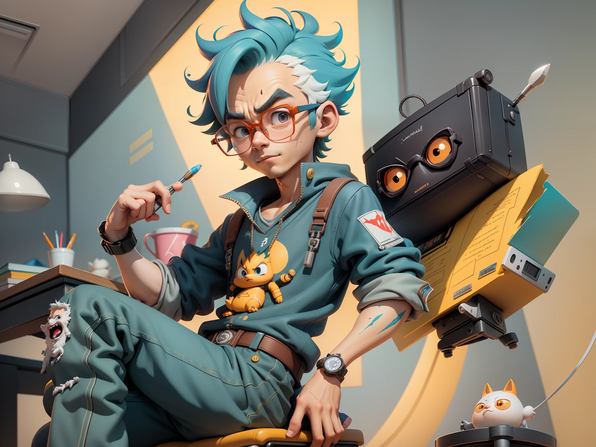 A young man with glasses sits at his desk,holding laptop,digitial painting,3D character design by Mark Clairen and Pixar and Hayao Miyazaki and Akira Toriyama,4K HD illustration,Very detailed facial features and cartoon-style visuals。