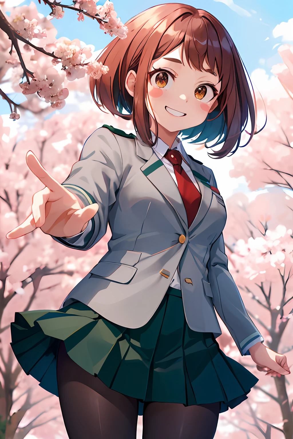 masterpiece, best quality, highres, hmochako, blush stickers, short hair, medium breasts. school uniform, green skirt, pleated skirt, red necktie, black pantyhose, white shirt, long sleeves, grey jacket, reaching out, smile, cherry blossoms, outdoors, cowboy shot,