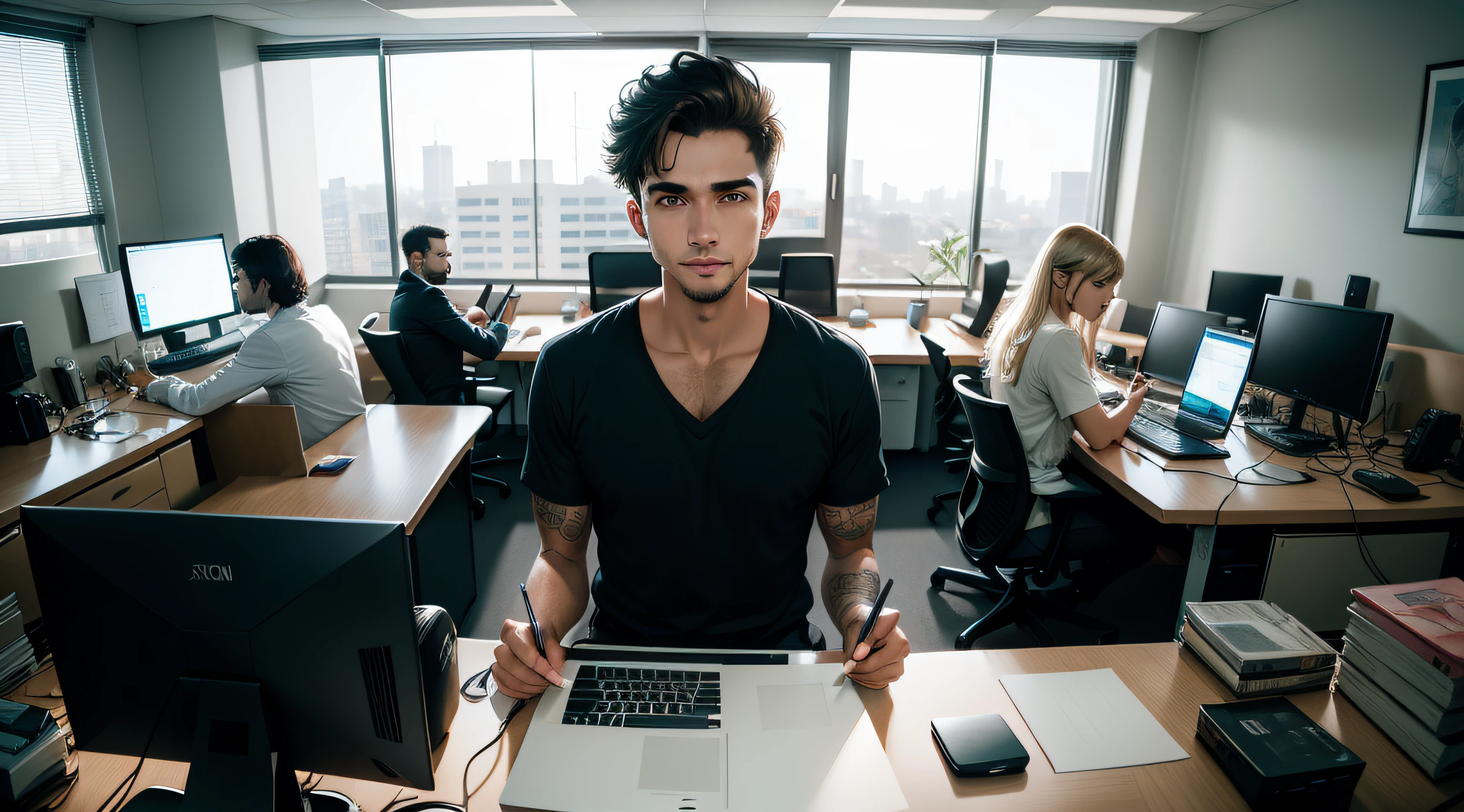 Panoramic view of an office, no teto aparelhos de ar condicionado, Five employees work on the computer sitting at the desk, no primeiro plano a face de um homem jovem com suor no rosto, 8k, hiper realista, alta resolução, alto detalhe