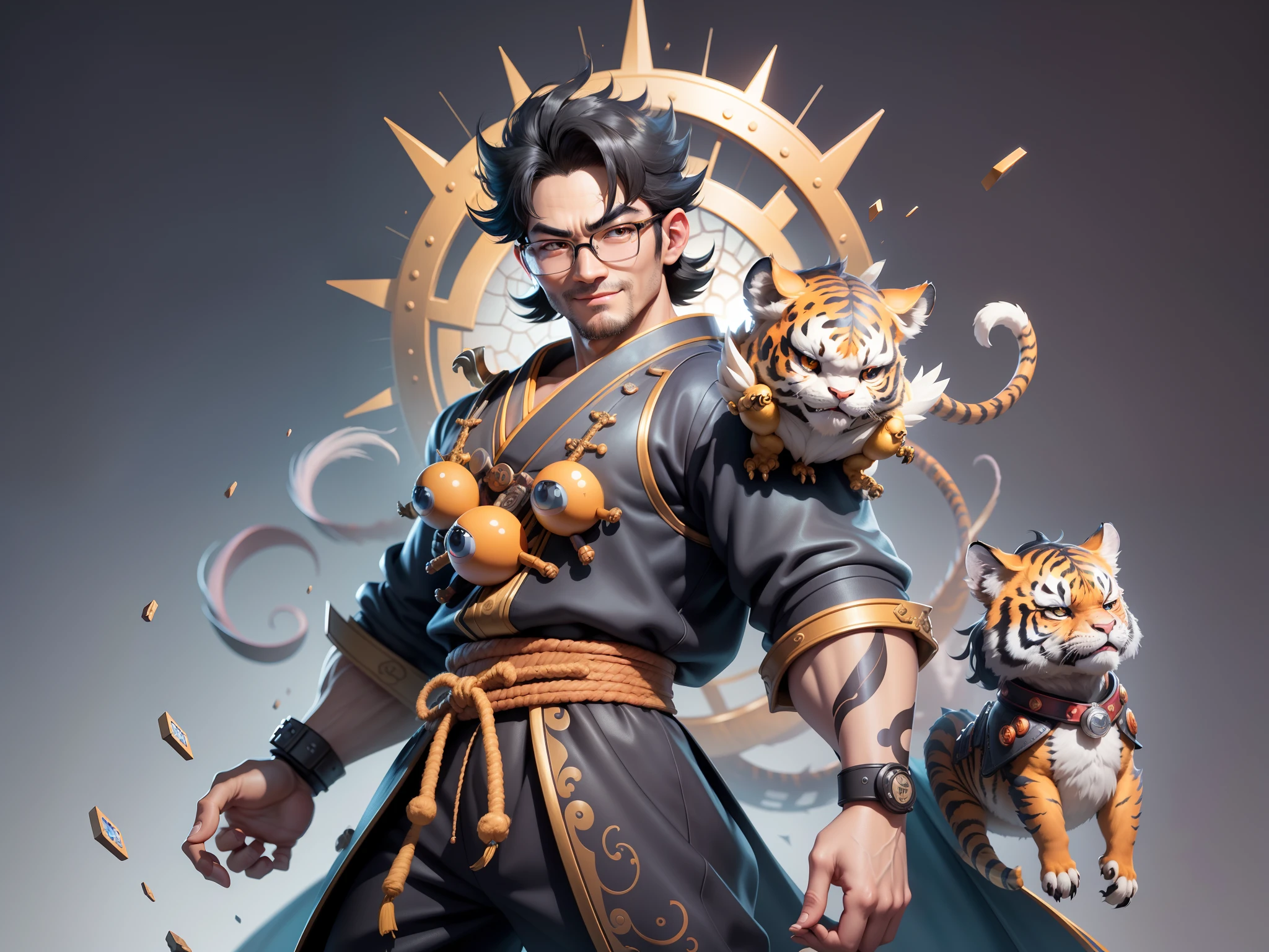 (Masterpiece), (Excellent), (Super Meticulous), (Full Body: 1.2), Super Young Man with Japanese Female Geisha, Pretty, Beautiful, Chinese Dragon, Tiger, Wind God Thor, Sexy, Bursting, Oriental Face, TV Anchor, Bust Portrait Illustration, Black Suit, Blue Tie, Slightly Chubby Face, Silver Glasses, Very Clean Face, No Beard on Chin, Black Super Short Hair, Black Eyes, Confident Smile, 3c Computer Sub-Products, iPad, iPhone, Digital Painting, 3D character design by Mark Clairedon and Pixar and Hayao Miyazaki and Akira Toriyama, the illustrations are HD illustrations in 4K resolution with highly detailed facial features and cartoon-style visuals.