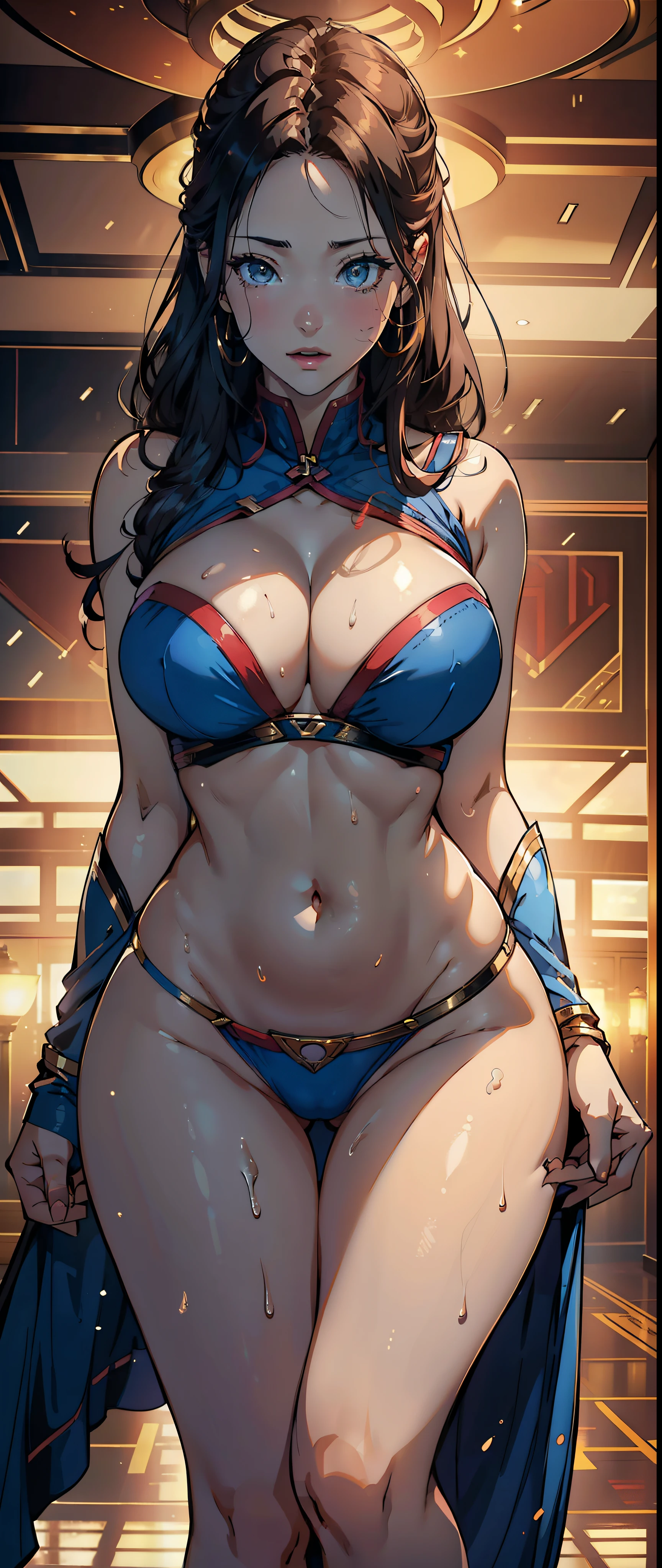(真实感:1.4),，1female，35yo，Huge breasts， 独奏，Supergirl， Wearing a Superman uniform， Pornographic exposure，Background with：space ship，  From the front side， Wet straight hair， Sweating profusely，mostly cloudy sky，（tmasterpiece），（Very detailed CG unity 8K wallpaper），best qualtiy，cinmatic lighting，detailed back ground，beatiful detailed eyes，Bright pupils，（Very fine and beautiful），（Beautiful and detailed eye description），ultra - detailed，facing at camera，A high resolution，ultra - detailed），standing on your feet，Emotive expressions，Open-mouthed，Chest sagging，nakeness， Expose the genitals，revealing breasts，Camel toes，with no underpants，extremely large bosom，Extremely colorful，Most detailed，fully body photo，The face is well lit，tmasterpiece，Busty woman，largeeyes， Thin waist，long leges，nakeness，Raised sexy，extremely large bosom，with no underpants，Long flowing hair，Flushed complexion，mature