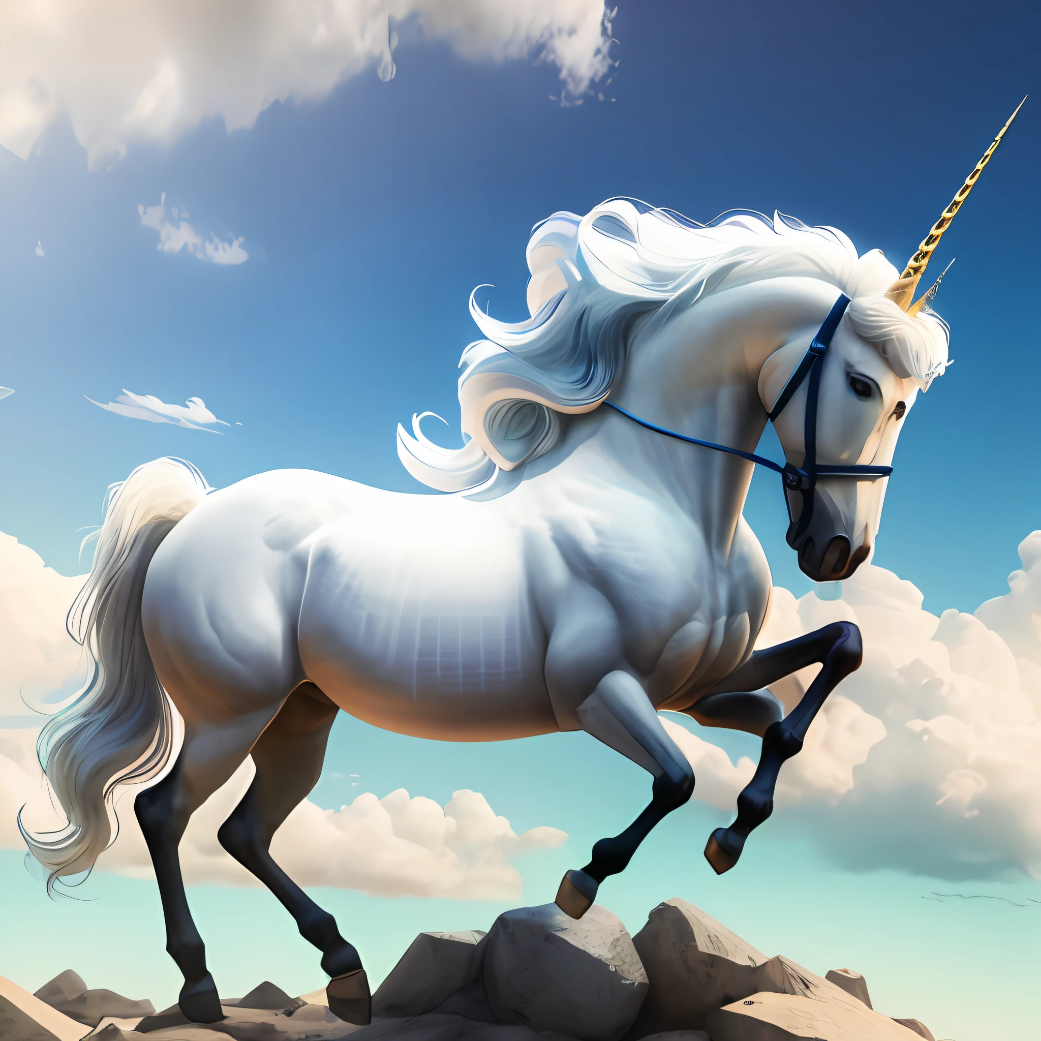 There is a white horse with a rainbow mane and a blue bridle, unicorn, unicorn from the tusk movie, a unicorn, white unicorn, ultra realistic 3d illustration, unicorn horn, unicorn flying in the sky, unicorns, alta qualidade 3d realista, blue unicorn, qualidade ultra hiper realista, ultra realistic illustration, realistic illustration, alta qualidade realista