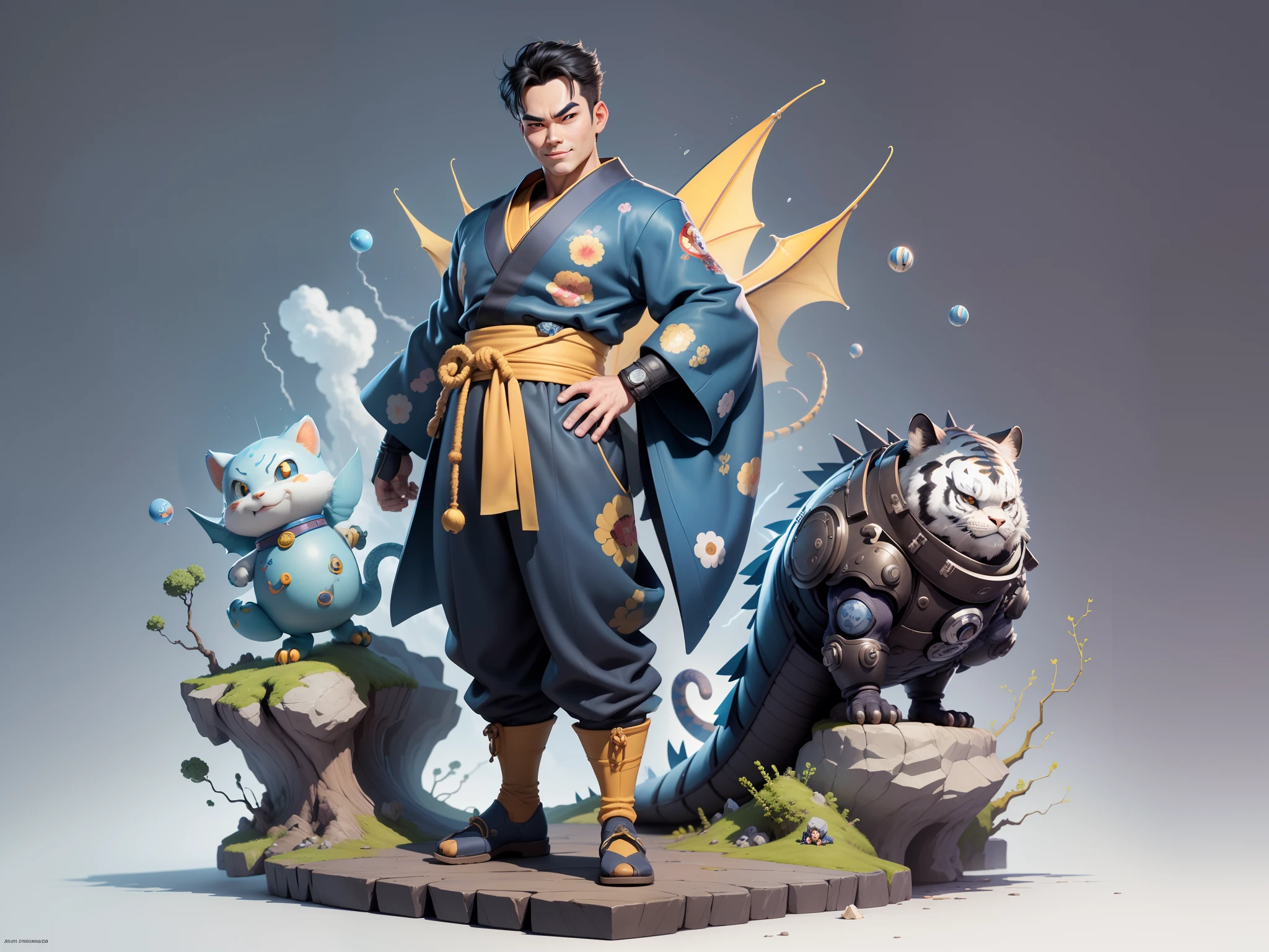 (Masterpiece), (Excellent), (Super Meticulous), (Full Body: 1.2), Super Young Man, Oriental Face, Japanese Kimono, Japanese Wind Thunder God, Dragon, Tiger, TV Anchor, Bust Portrait Illustration, Alone, Black Suit, Blue Tie, Slightly Chubby Face, Very Clean Face, No Beard, Black Super Short Hair, Black Eyes, Confident Smile, 3c Computer Sub-Products, iPad, iPhone, Digital Painting, 3D Character Design by Akira Toriyama and Mark Claireden and Pixar and Hayao Miyazaki, The illustration is a high-definition illustration in 4K resolution with very detailed facial features and cartoon-style visuals.