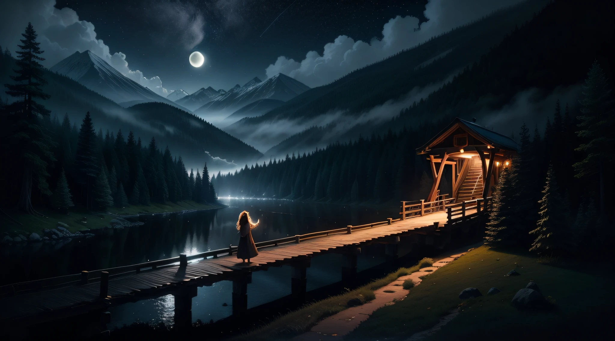 a forest at night with a large wooden bridge between the trees and the mountains, a bright moon in the sky and fireflies and lights among the trees and a mist on the ground with a woman with long shore-haired walking over the bridge