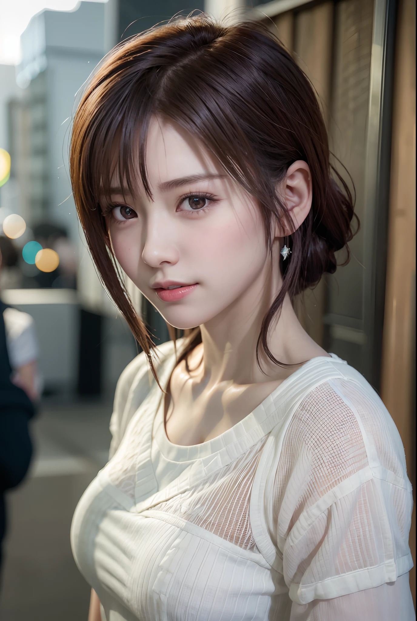 (in 8K、Photorealsitic、Raw photography、top-quality: 1.3)、(1girl)、Super beauty、(Real Face)、(boyish、Berry shorthair in natural color)、T-shirt with a rough chest、Entice your audience、beautiful expression、Beautiful breasts、Lover's perspective、（real looking skin）、beautiful smiling face、（soldier）、enticing、超A high resolution、A hyper-realistic、high-detail、hanikami