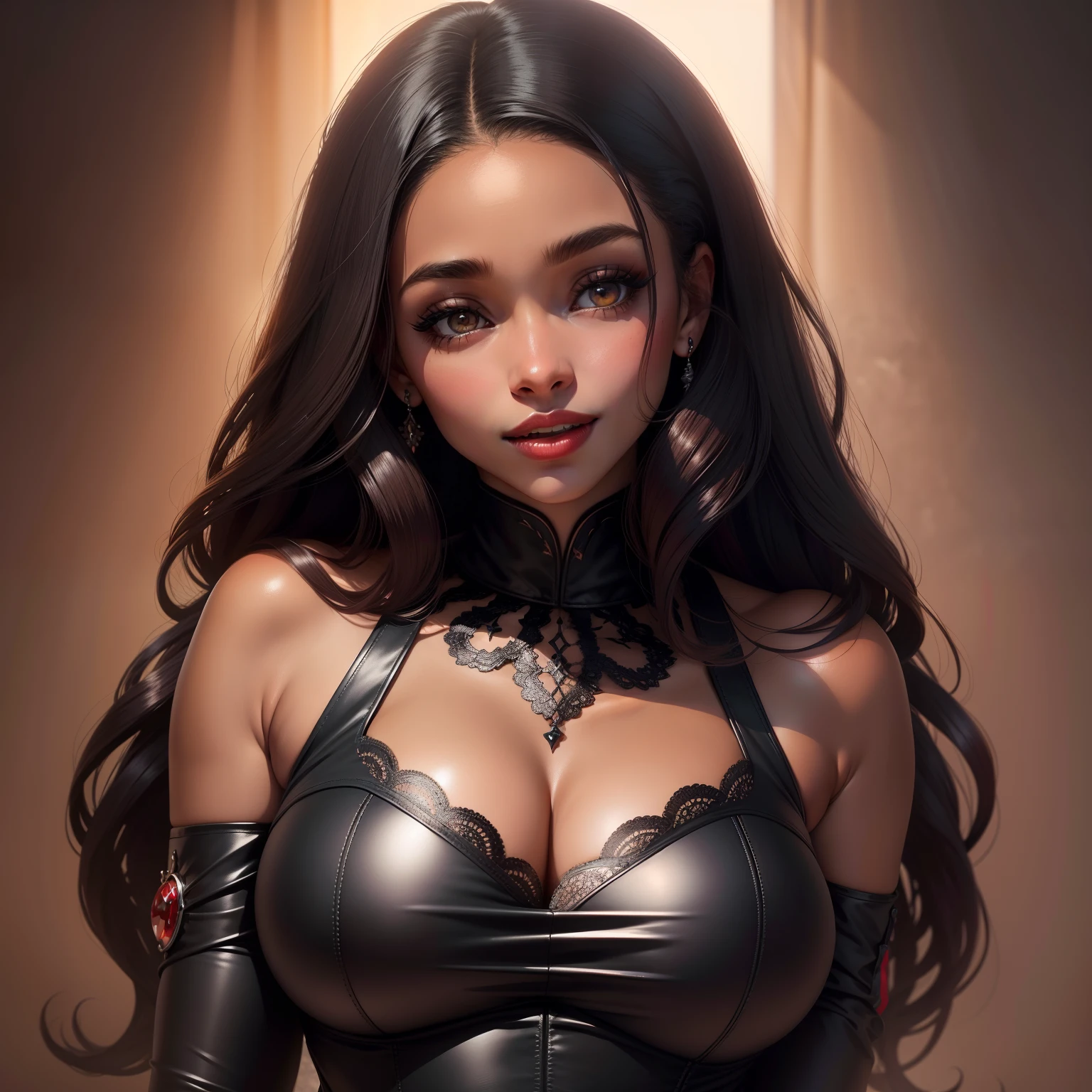Imagem ilustrativa de uma linda mulher de cabelo preto, liso e longo.olhos vermelhos, pele clara, sorrindo, reddened lips, peitos grandes, cintura fina, bunda grande e usando um vestido preto. Corpo inteiro