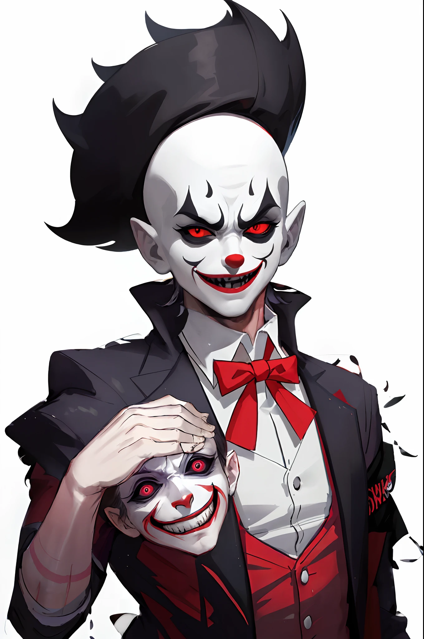a close up of a person wearing a clown mask and a suit, joker looks like naruto, portrait of a joker, joker smile, evil villain grin, evil grin, portrait of joker, grotesque joker, digital art from danganronpa, evil smile and glowing eyes (new outfit:1.5)
