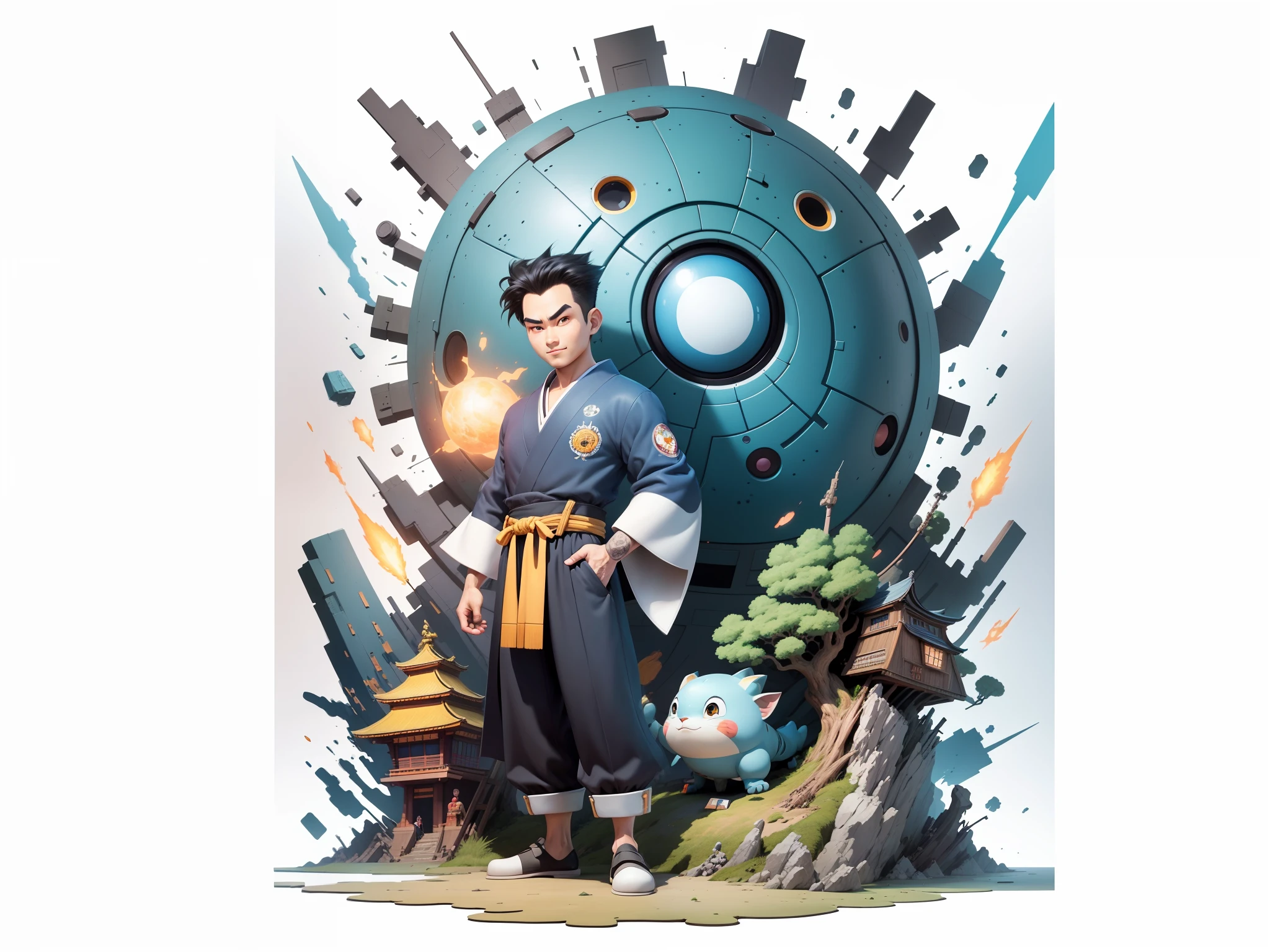 (Masterpiece), (Excellent), (Super Meticulous), (Full Body: 1.2), Super Young Man, Oriental Face, Japanese Kimono, Japanese Wind Thunder God, Dragon, Tiger, TV Anchor, Bust Portrait Illustration, Alone, Black Suit, Blue Tie, Slightly Chubby Face, Very Clean Face, No Beard, Black Super Short Hair, Black Eyes, Confident Smile, 3c Computer Sub-Products, iPad, iPhone, Digital Painting, 3D Character Design by Akira Toriyama and Mark Claireden and Pixar and Hayao Miyazaki, The illustration is a high-definition illustration in 4K resolution with very detailed facial features and cartoon-style visuals.