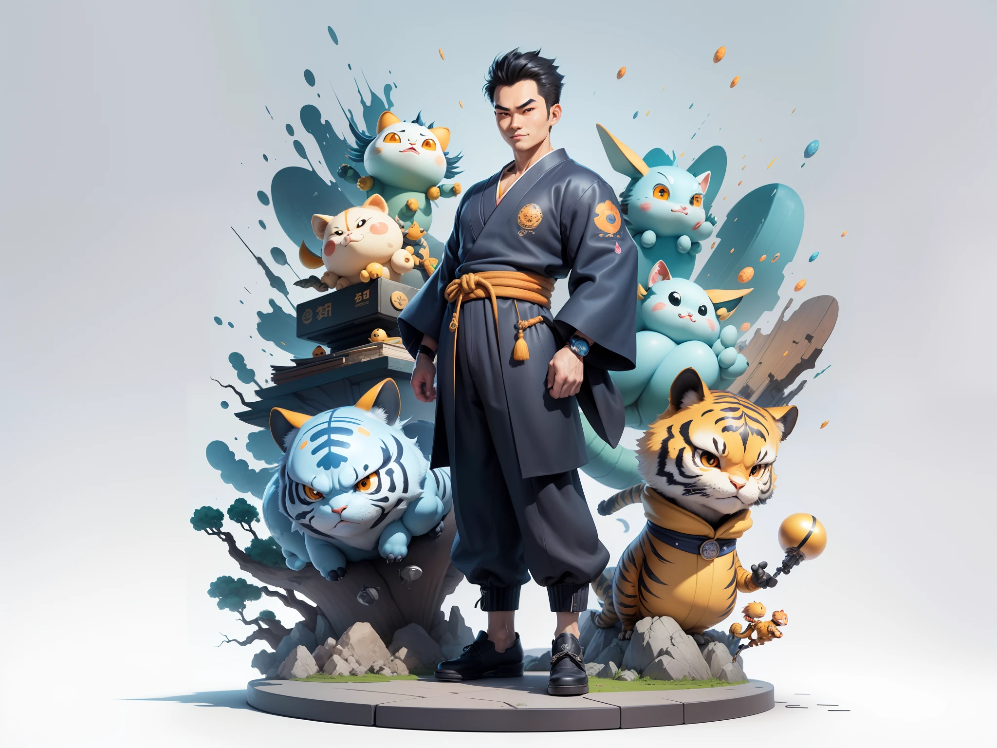 (Masterpiece), (Excellent), (Super Meticulous), (Full Body: 1.2), Super Young Man, Oriental Face, Japanese Kimono, Japanese Wind Thunder God, Dragon, Tiger, TV Anchor, Bust Portrait Illustration, Alone, Black Suit, Blue Tie, Slightly Chubby Face, Very Clean Face, No Beard, Black Super Short Hair, Black Eyes, Confident Smile, 3c Computer Sub-Products, iPad, iPhone, Digital Painting, 3D Character Design by Akira Toriyama and Mark Claireden and Pixar and Hayao Miyazaki, The illustration is a high-definition illustration in 4K resolution with very detailed facial features and cartoon-style visuals.