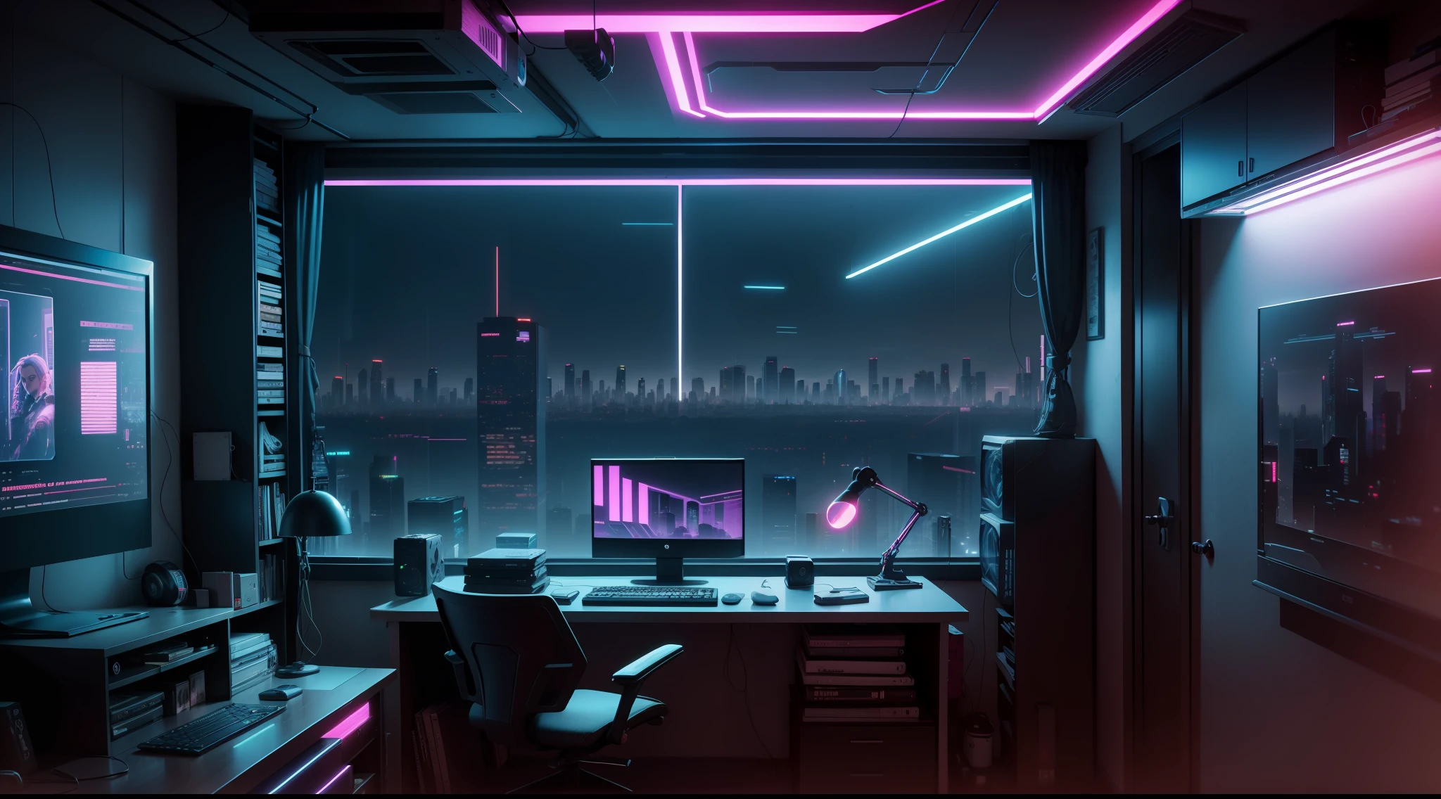 There is a computer desk with a monitor, Speakers & monitor, cyberpunk setting, cyberpunk atmosphere, Cyberpunk lighting, Cyberpunk interior, Cyberpunk bedroom at night, 3 d render beeple, In the room, Made in the style of cyberpunk, cyberpunk atmosphere, Bedroom for teenagers in cyberpunk style, cyberpunk with neon lighting, Cyberpunk Apartment, hyper realistic cyberpunk style, Muted cyberpunk style, Cyberpunk apartment, The door, Books, houseplants, The city outside the window