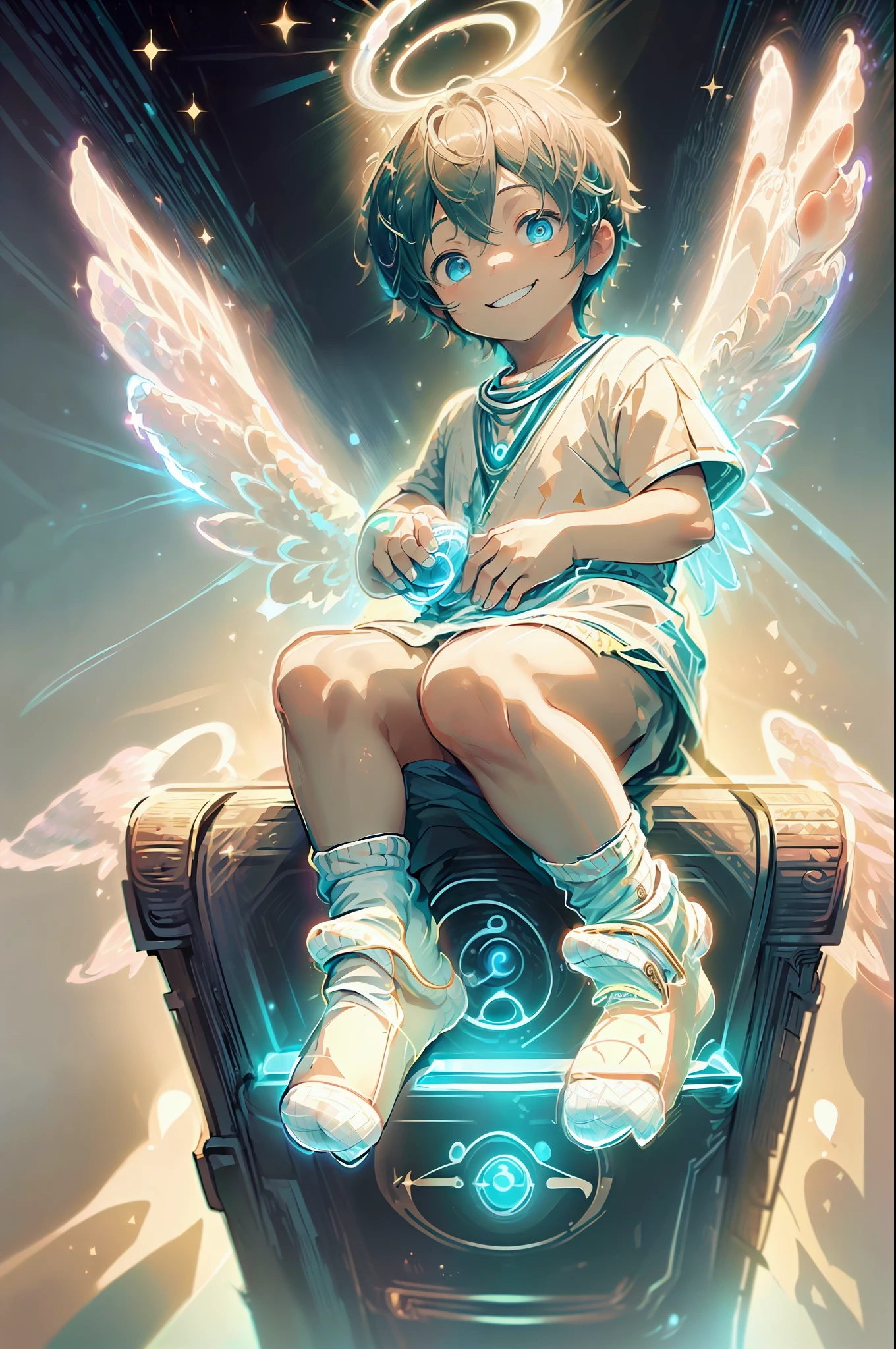 Masterpiece, chubby Little boy with cyan hair and shiny gold colored eyes and small socks wearing a divine clothes and wings on his back, sitting on a couch watching tv in a dark room and showing his soles, young, boy, child, small, toddler, soft light, (undersized socks:1.8), (Boy:1.4), (Shota:1.4), (Young:1.4), (Male:1.4), (smiling:1.4), (foot:1.6), (shy:1.4), (pastel:1.0), (colors:1.0), (cute colors:1.0), (night:1.0), (divine:1.4), (divine clothes:1.4),