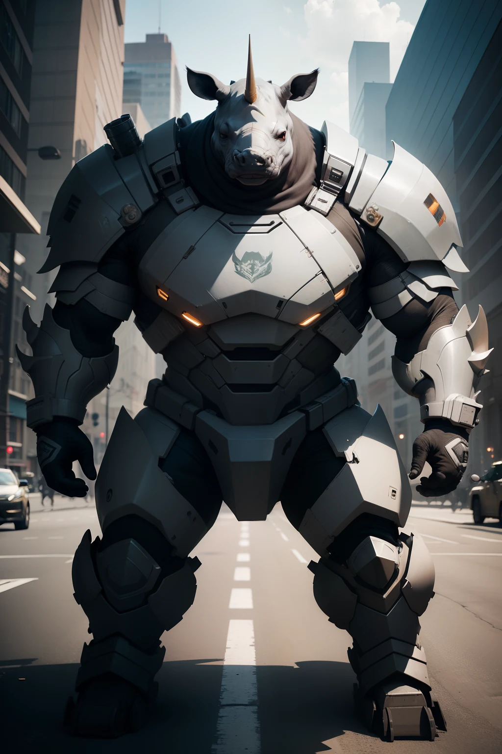 rhinoceros fused with a tank, a hybrid being, skin mixed with tank armor