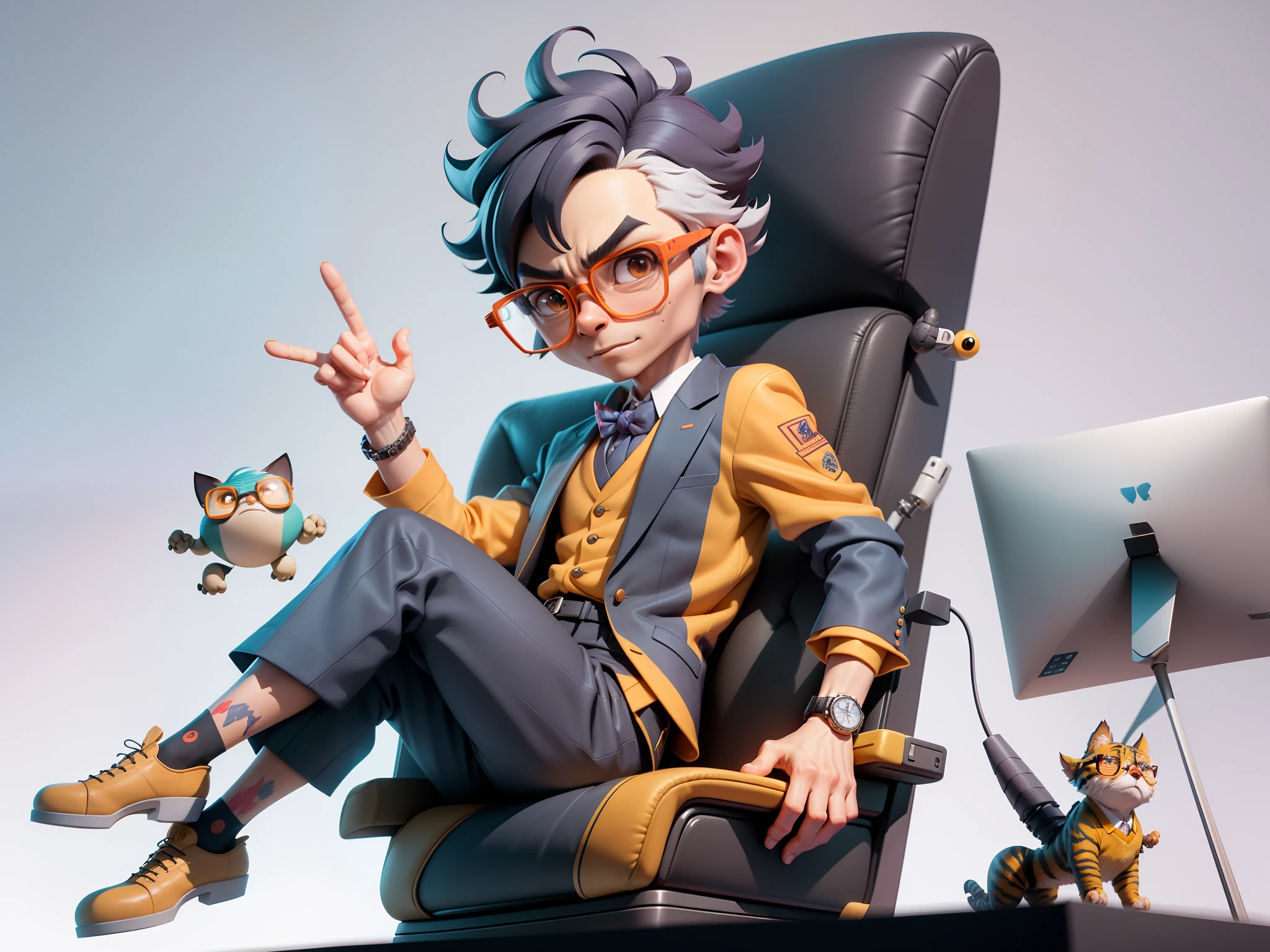 A young man in a suit, Short hair and glasses sat at his desk,holding laptop,digitial painting,tigre,3D character design by Mark Clairen and Pixar and Hayao Miyazaki and Akira Toriyama,4K HD illustration,Very detailed facial features and cartoon-style visuals。