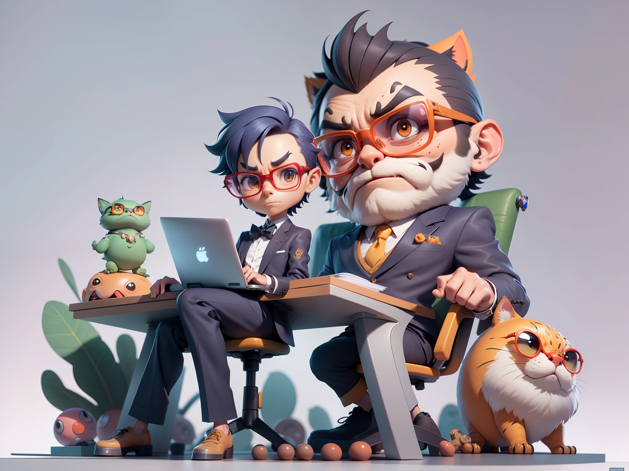 A young man in a suit, Short hair and glasses sat at his desk,holding laptop,digitial painting,tigre,3D character design by Mark Clairen and Pixar and Hayao Miyazaki and Akira Toriyama,4K HD illustration,Very detailed facial features and cartoon-style visuals。